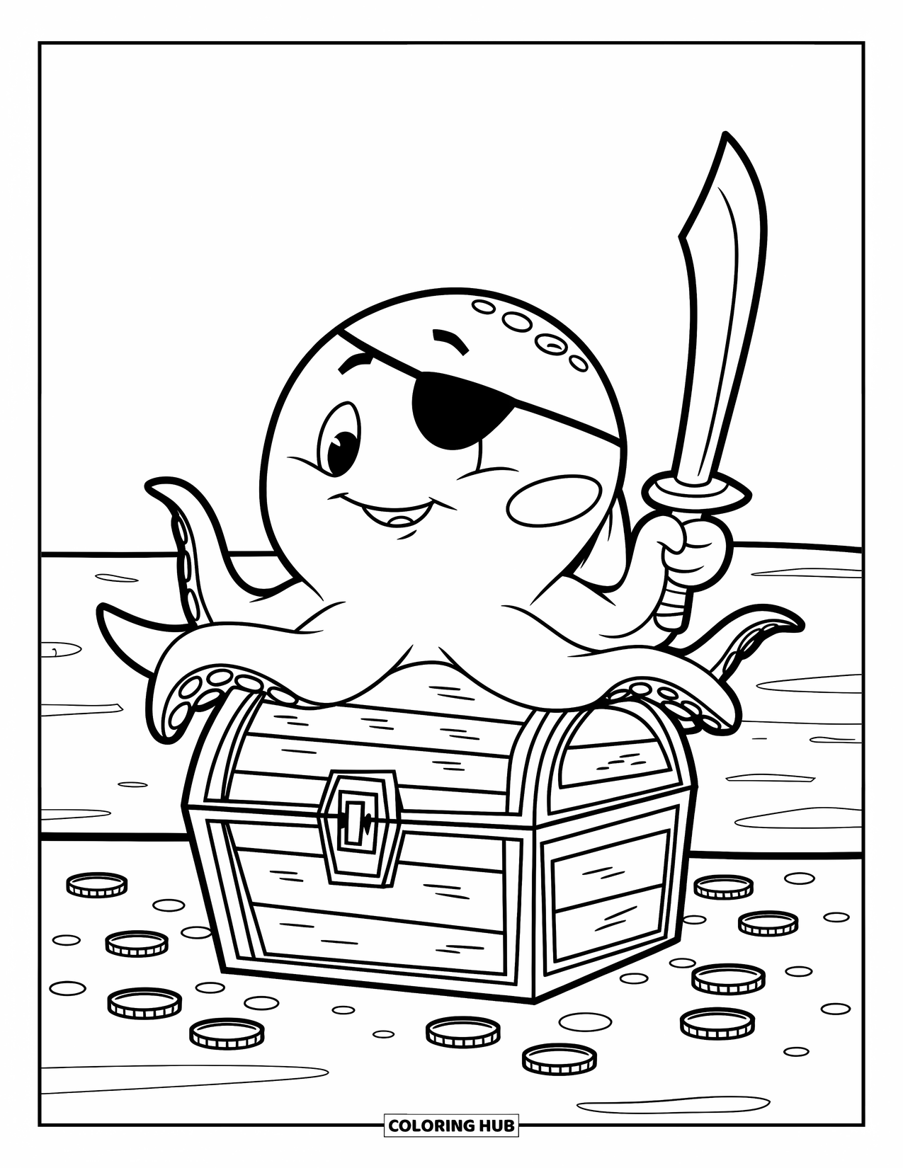 Kolorowanka z piratem dla dzieci: Pulchny piracki ośmiornica z mieczem siedzi na skrzyni obok spokojnych fal