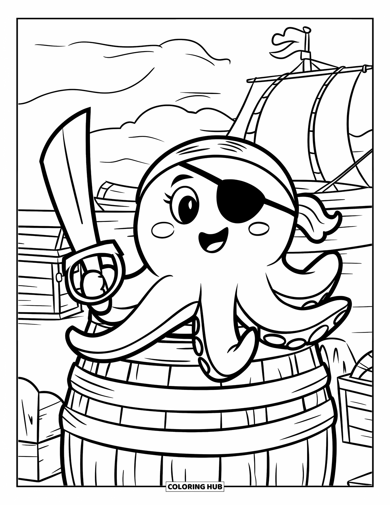 Kolorowanka z piratem dla dzieci: Pulchny piracki ośmiornica z przepaską na oku siedzi na beczce obok skrzyń skarbów