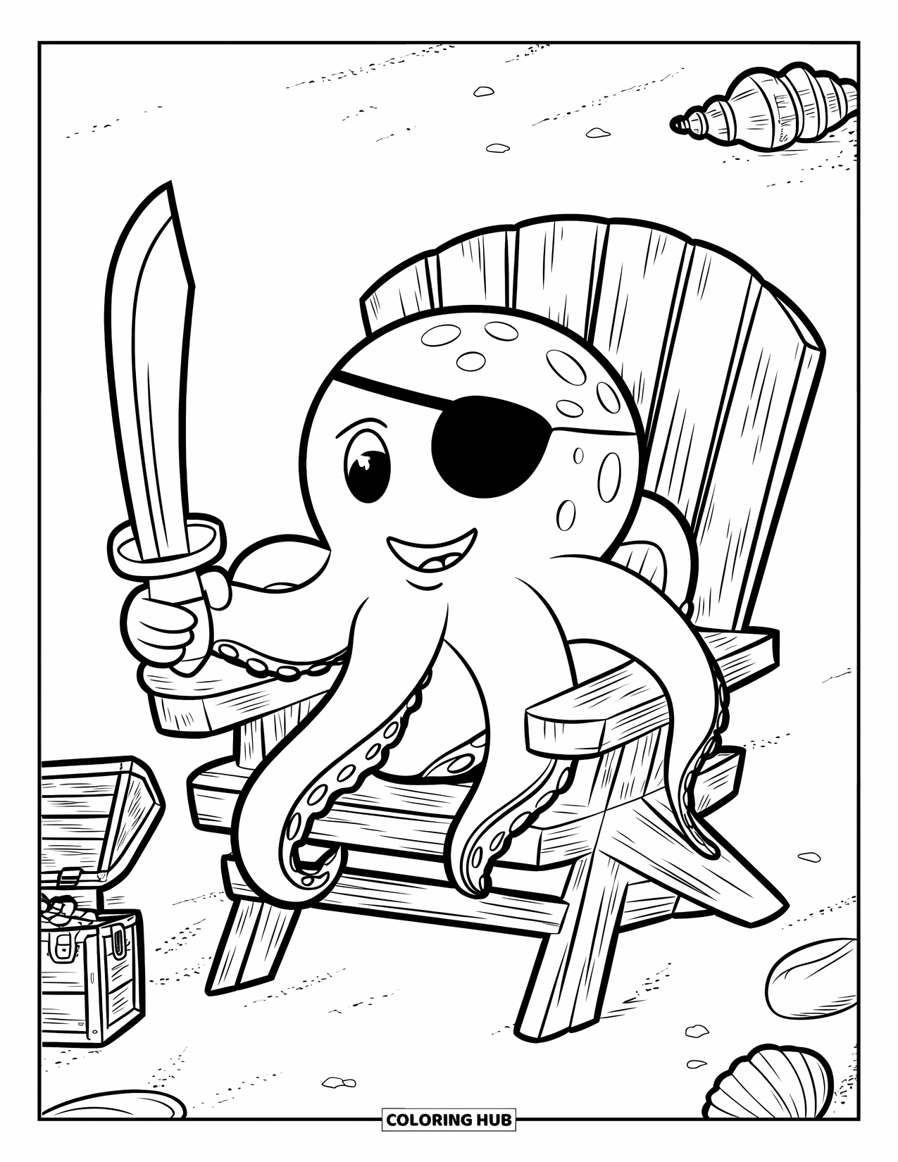 Kolorowanka z piratami dla dzieci: Pulchny piracki ośmiornica z przepaską na oku siedzi na krześle przy skarbie