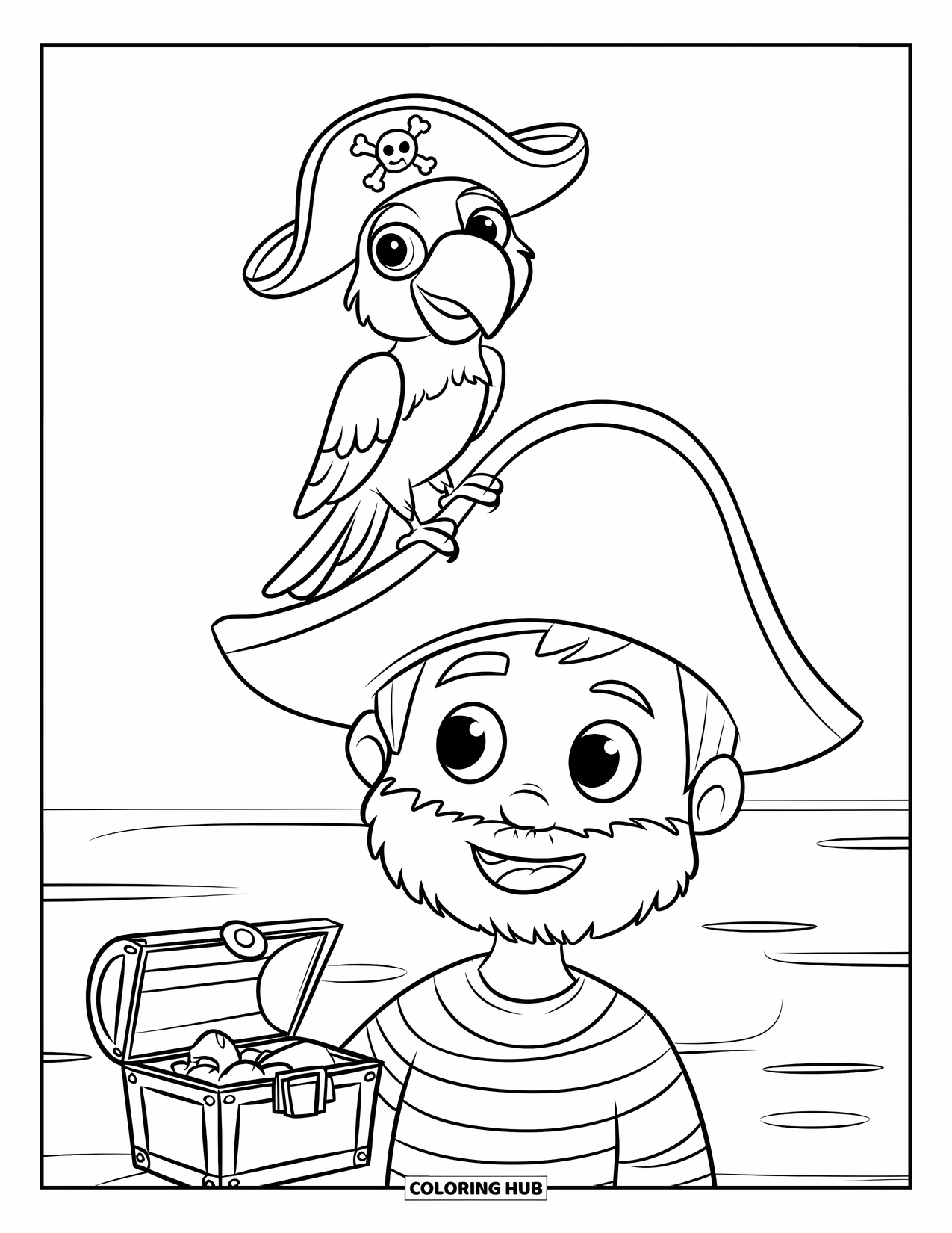 Kolorowanka z piratem dla dzieci: Słodka papuga w pirackim kapeluszu siedzi na ramieniu pirata obok morza