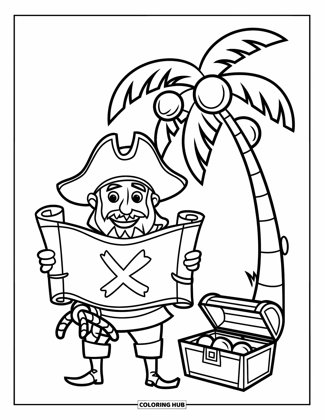 Kolorowanka z piratem dla dzieci: Przyjazny pirat z mapą i mieczem stoi obok skrzyni i palmy