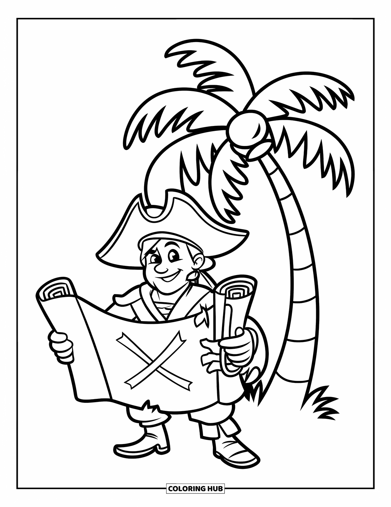 Kolorowanka z piratem dla dzieci: Przyjazny pirat z mapą i mieczem stoi obok palmy z kokosami