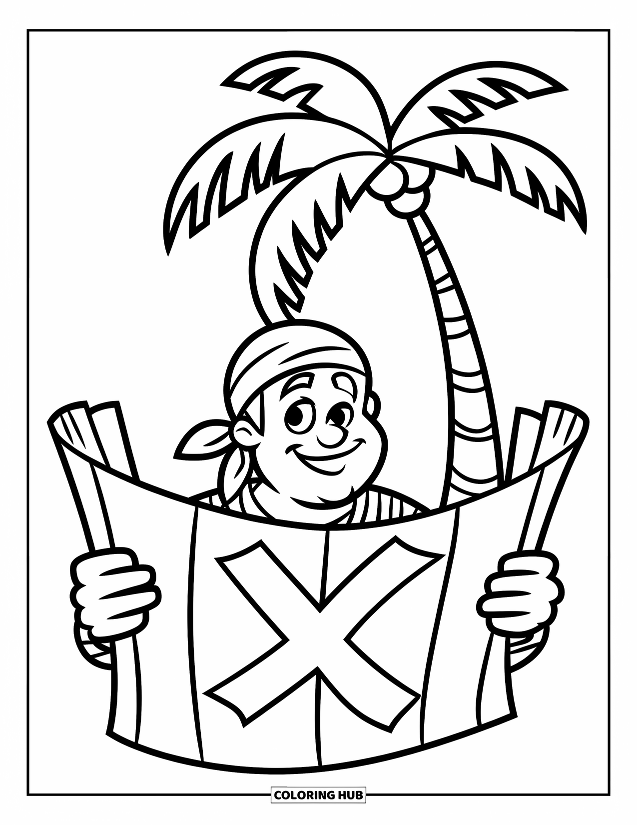 Kolorowanka z piratem dla dzieci: Przyjazny pirat z mapą stoi obok palmy z kilkoma kokosami