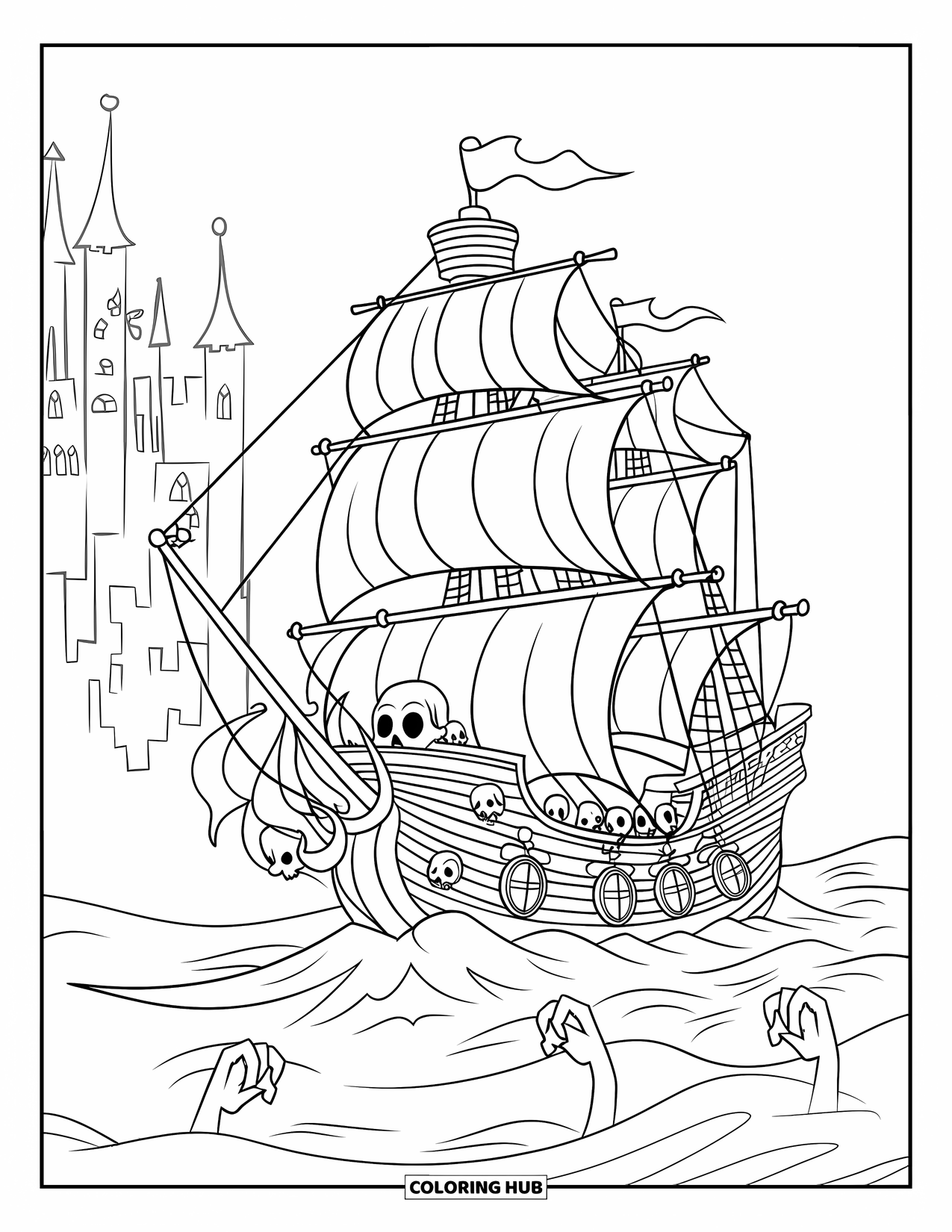 Kolorowanka z piratami dla dzieci: Statek widmo z podartymi żaglami i lampionami w pobliżu nawiedzonego zamku