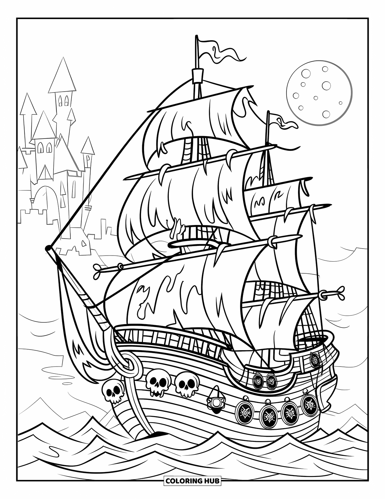 Kolorowanka z piratami dla dzieci: Statek widmo z podartymi żaglami i czaszkami płynie przez burzliwe morze