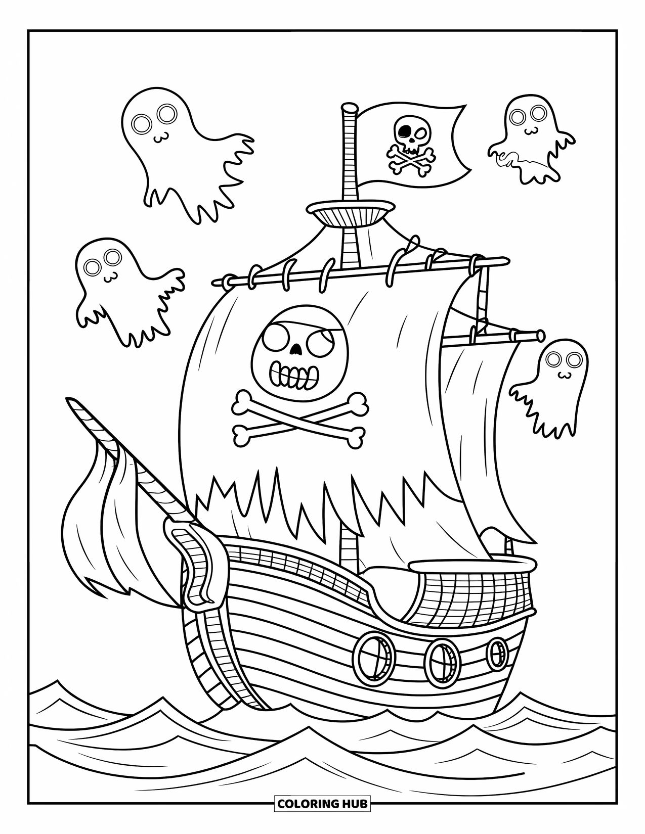 Kolorowanka z piratem dla dzieci: Upiorny kapitan piratów na statku z upiorną załogą i falami oceanicznymi