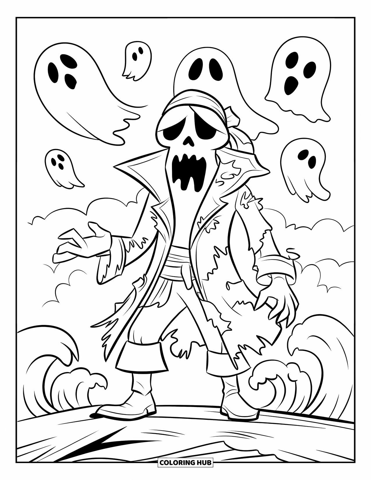 Kolorowanka z piratem dla dzieci: Upiorny kapitan piratów na skałach z falami i strasznymi duchami w oddali