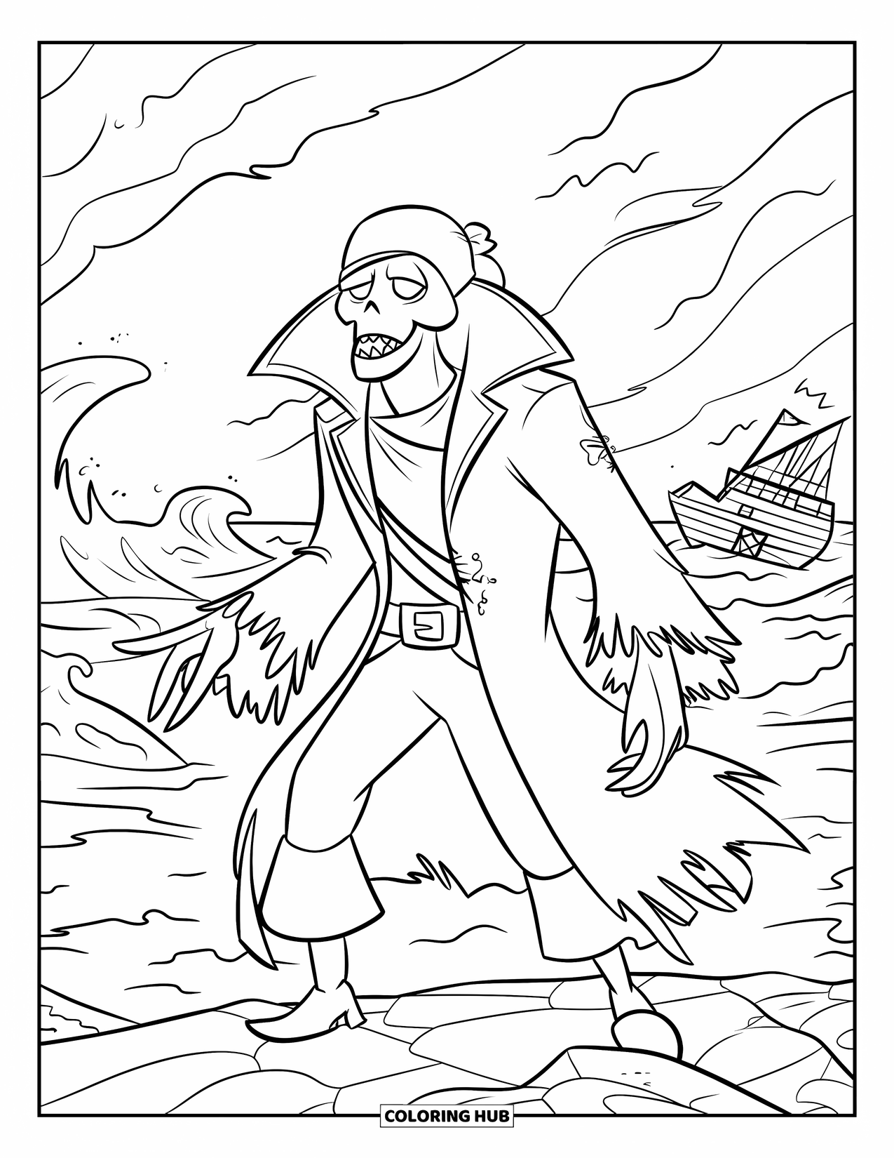 Kolorowanka z piratem dla dzieci: Upiorny kapitan piratów ze świecącymi oczami stoi na skalistym terenie obok burzliwych fal