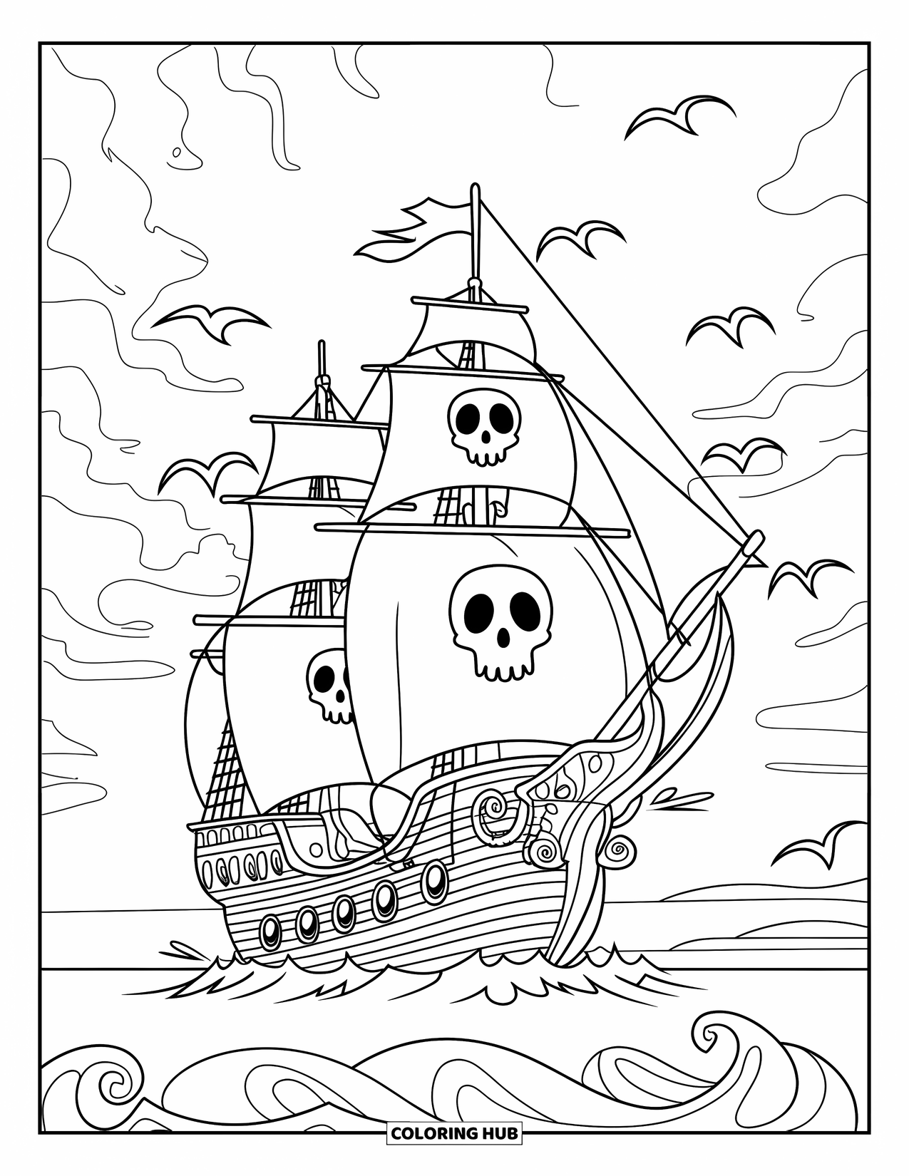 Kolorowanka z piratem dla dzieci: Upiorny statek piracki z żaglami z czaszkami unosi się pod pochmurnym niebem