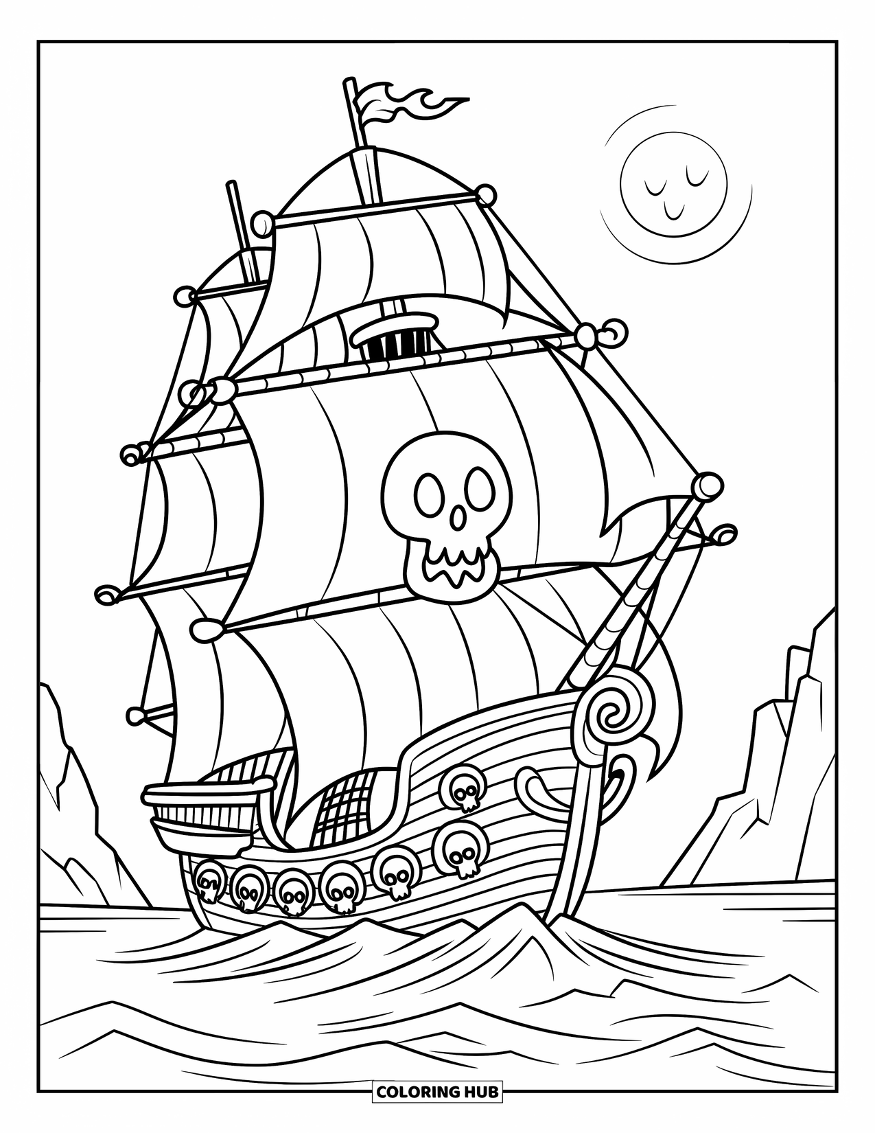 Kolorowanka z piratem dla dzieci: Upiorny statek piracki z czaszkami w żaglach płynie przez noc