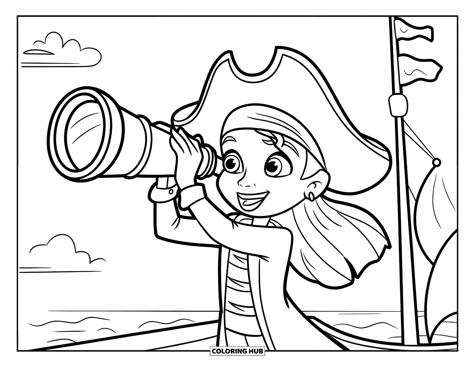 Kolorowanka z piratem dla dzieci: Piratka trzyma podekscytowana teleskop na statku obok oceanu