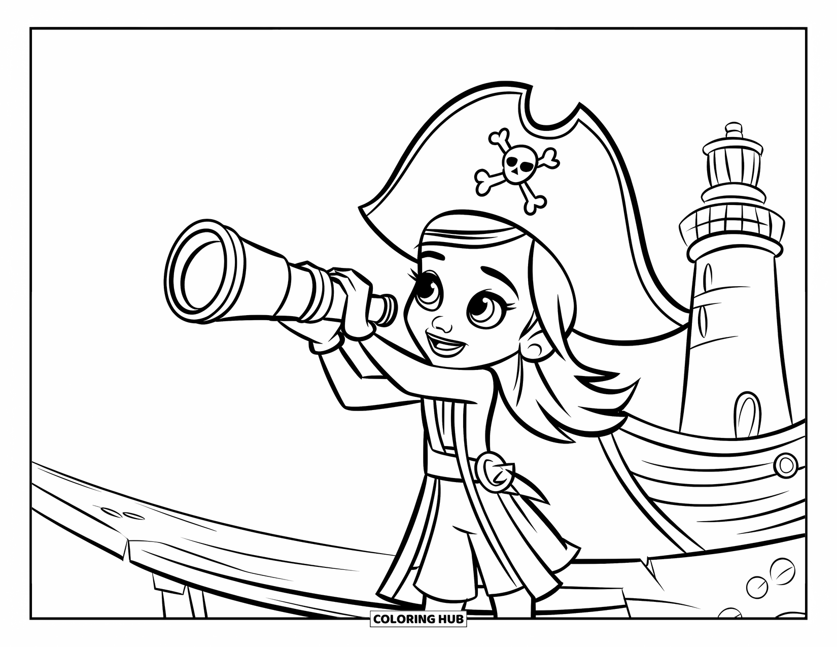 Kolorowanka z piratem dla dzieci: Piratka z teleskopem stoi na desce obok latarni morskiej