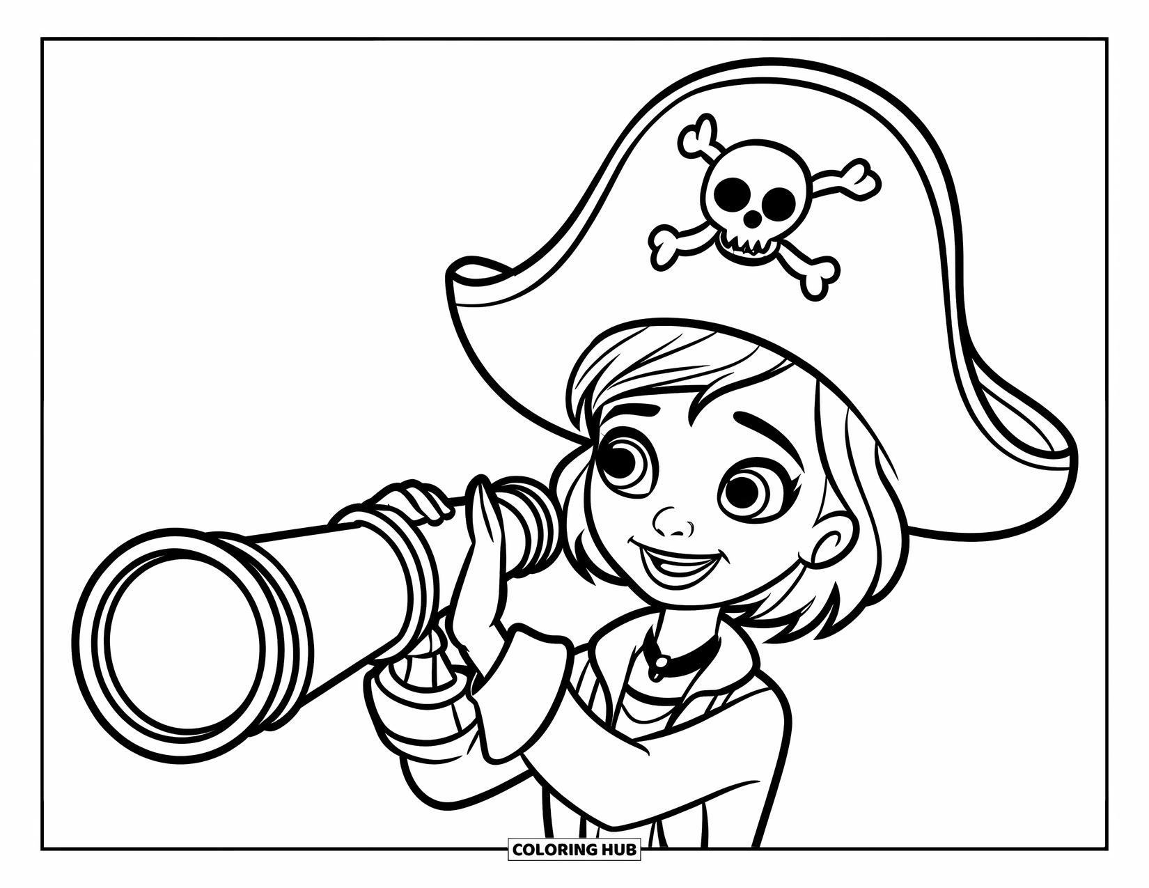 Kolorowanka z piratem dla dzieci: Piratka z teleskopem stoi na platformie obok statków