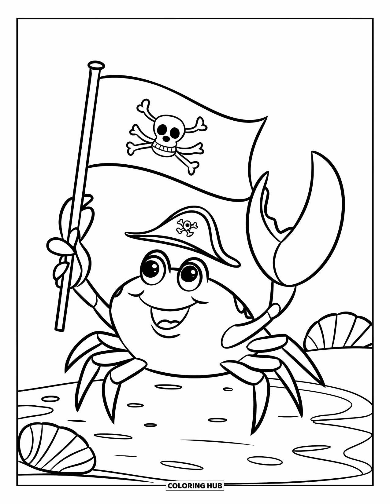 Kolorowanka z piratem dla dzieci: Szczęśliwy krab z piracką flagą stoi na piaszczystej wyspie z muszelkami