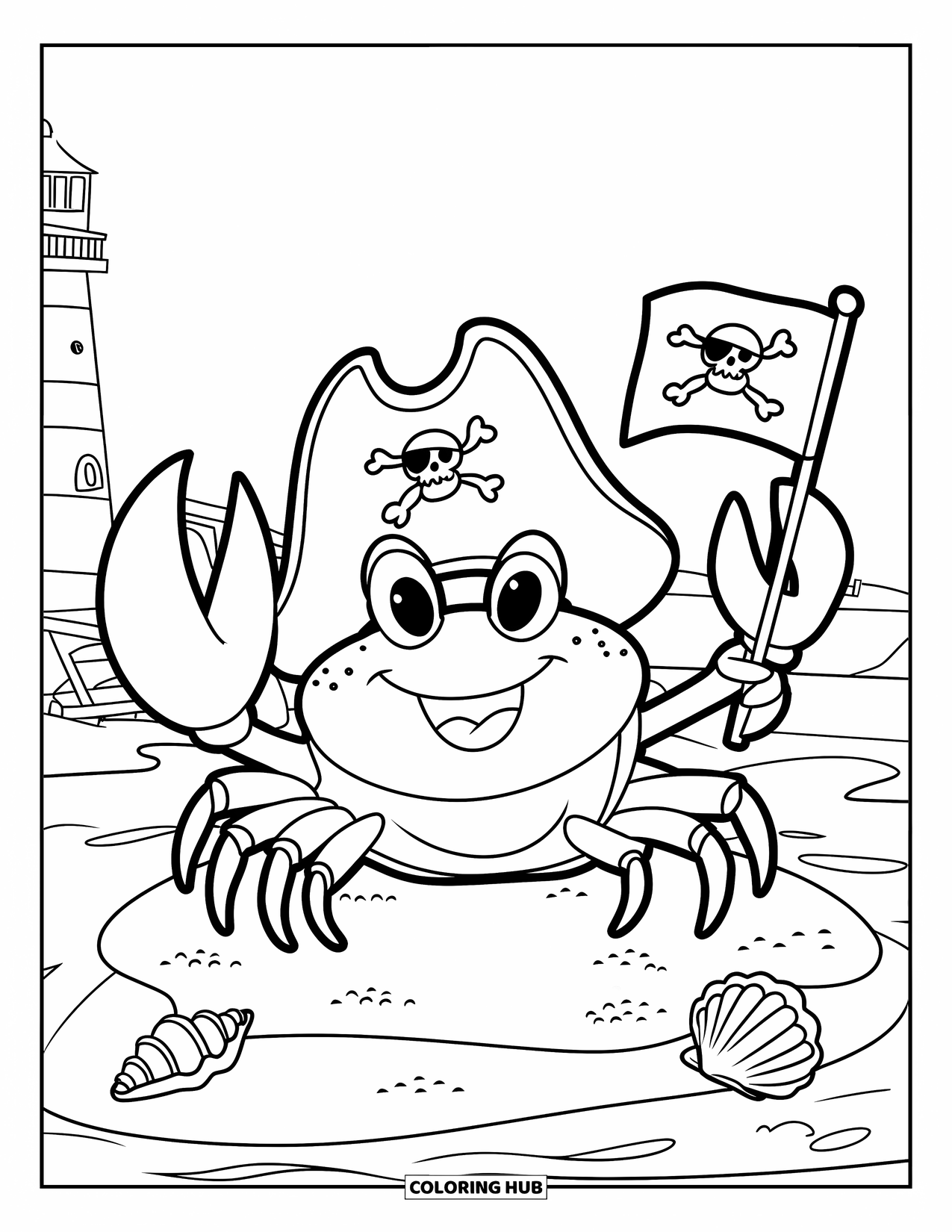 Kolorowanka z piratem dla dzieci: Szczęśliwy krab z pirackim kapeluszem trzyma flagę na piaszczystej wyspie obok latarni morskiej