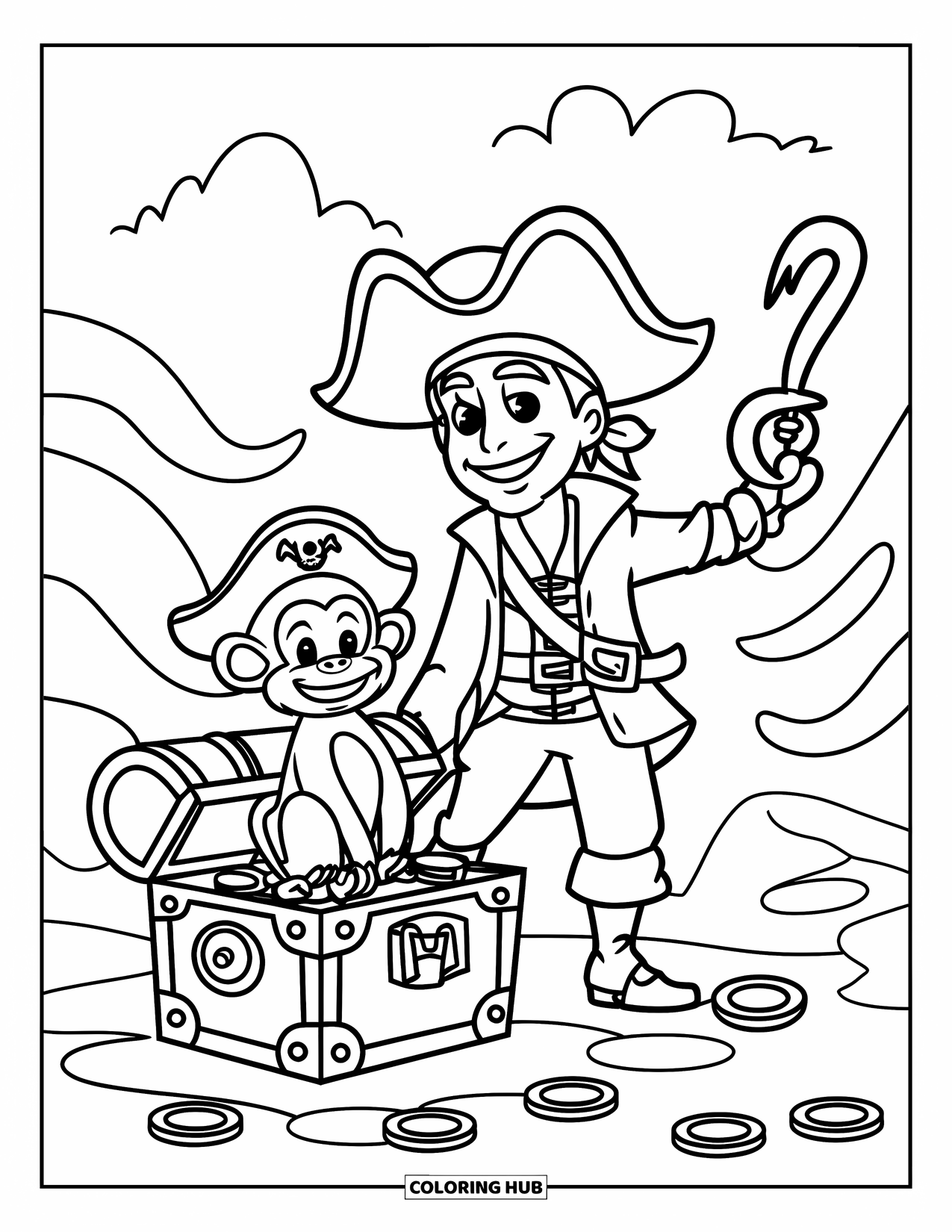 Kolorowanka z piratem dla dzieci: Małpka w pirackim kapeluszu siedzi na skrzyni obok fal i chmur