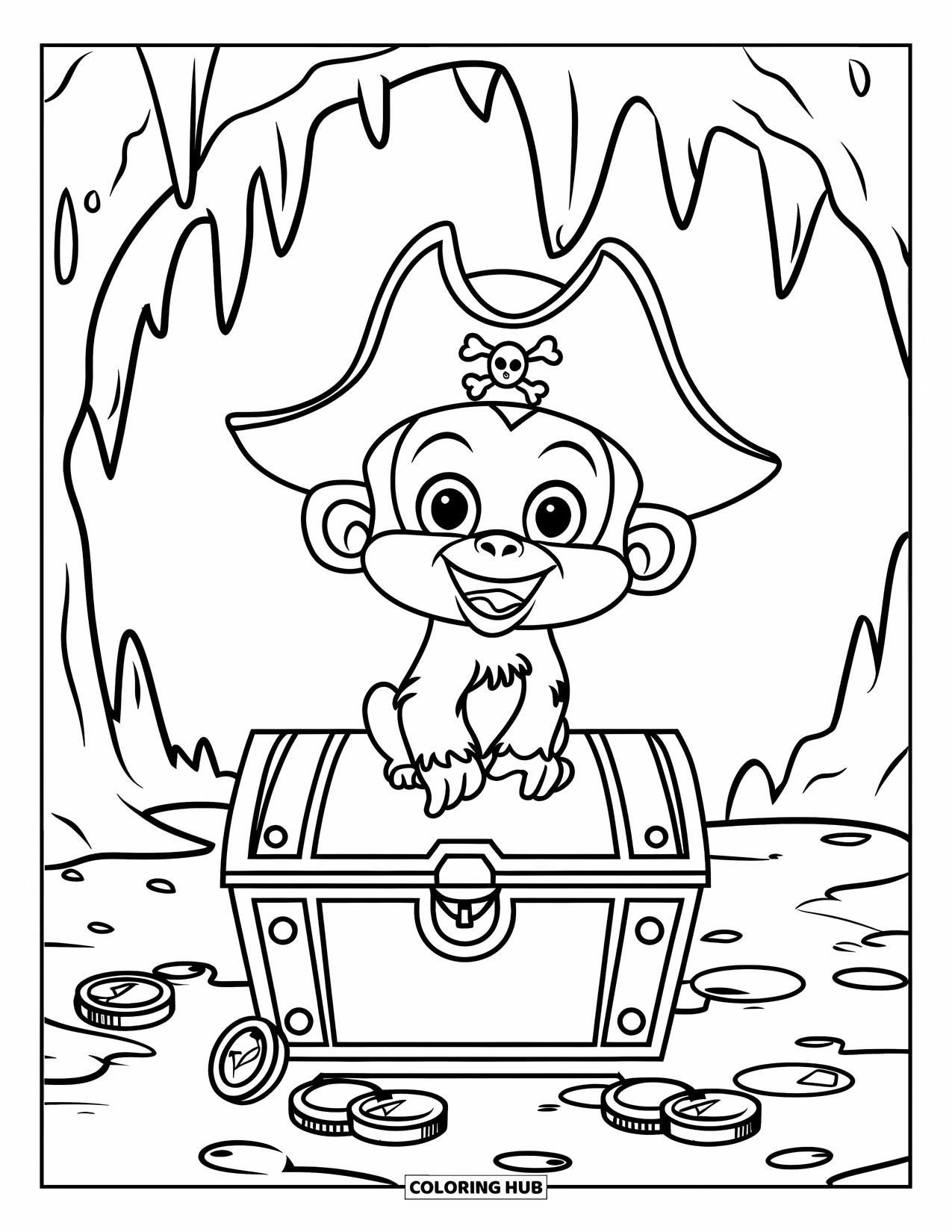 Kolorowanka z piratami dla dzieci: Małpka w pirackim kapeluszu siedzi na skrzyni z monetami i klejnotami