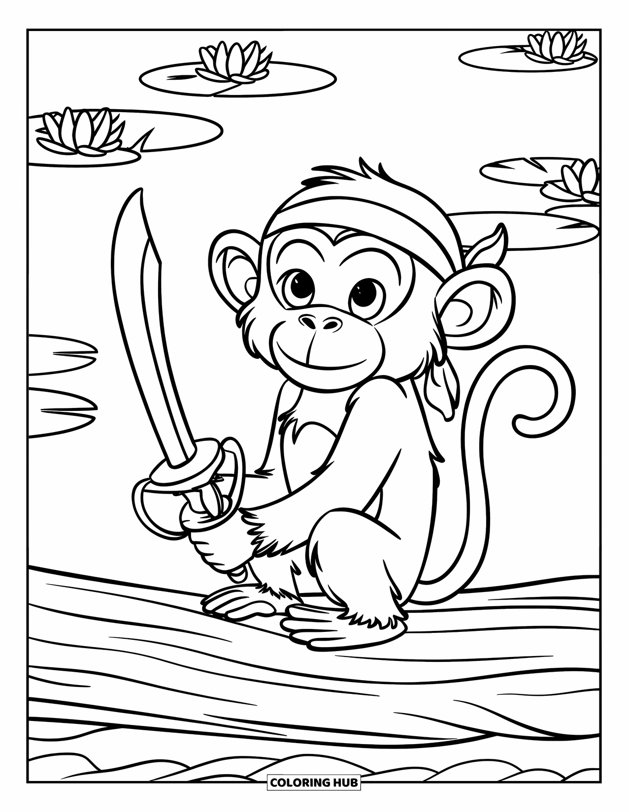 Kolorowanka z piratem dla dzieci: Małpka z bandaną trzyma bananowy miecz obok spokojnego jeziora