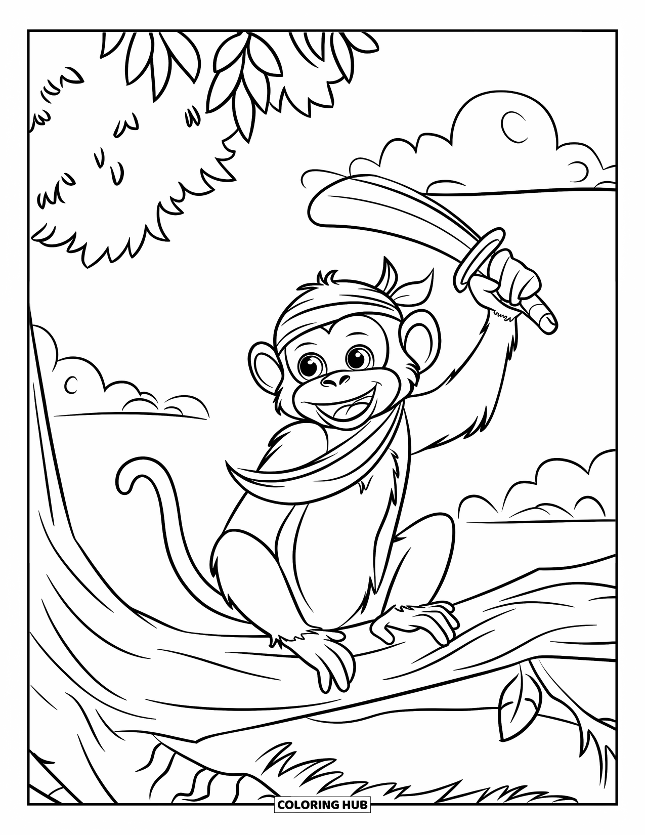 Kolorowanka z piratem dla dzieci: Małpka z bandaną trzyma bananowy miecz na gałęzi drzewa
