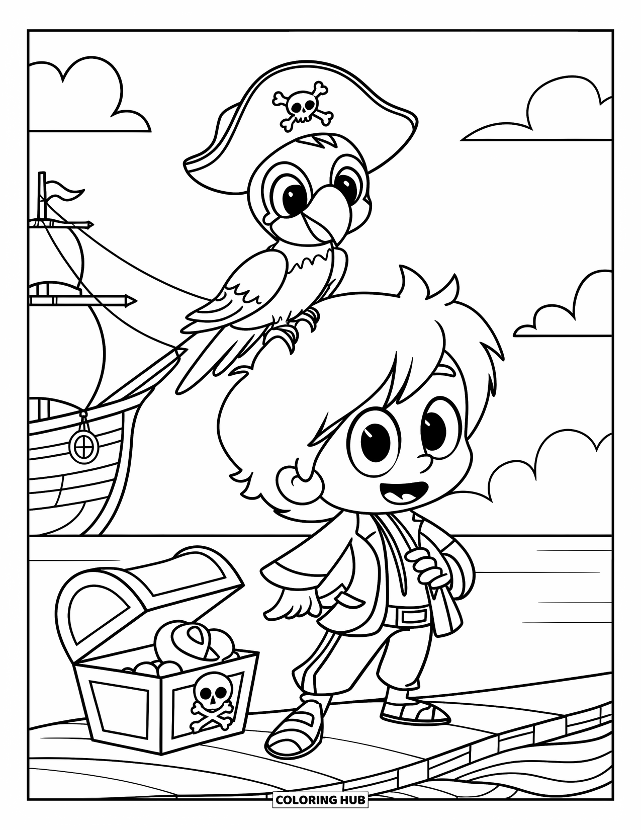 Kolorowanka z piratem dla dzieci: Papuga w pirackim kapeluszu siedzi na ramieniu pirata obok statku