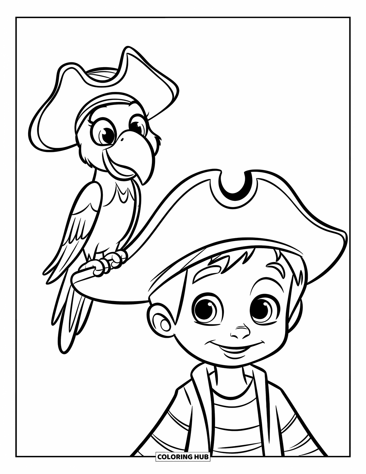 Kolorowanka z piratem dla dzieci: Papuga w pirackim kapeluszu siedzi na ramieniu pirata z figlarnym uśmiechem