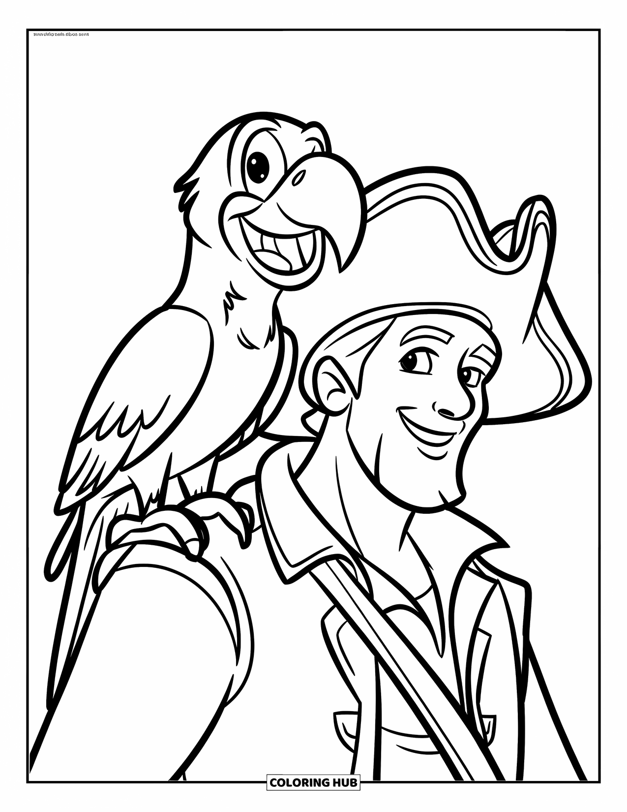 Kolorowanka z piratami dla dzieci: Papuga siedzi na ramieniu pirata przy statku i latarni morskiej