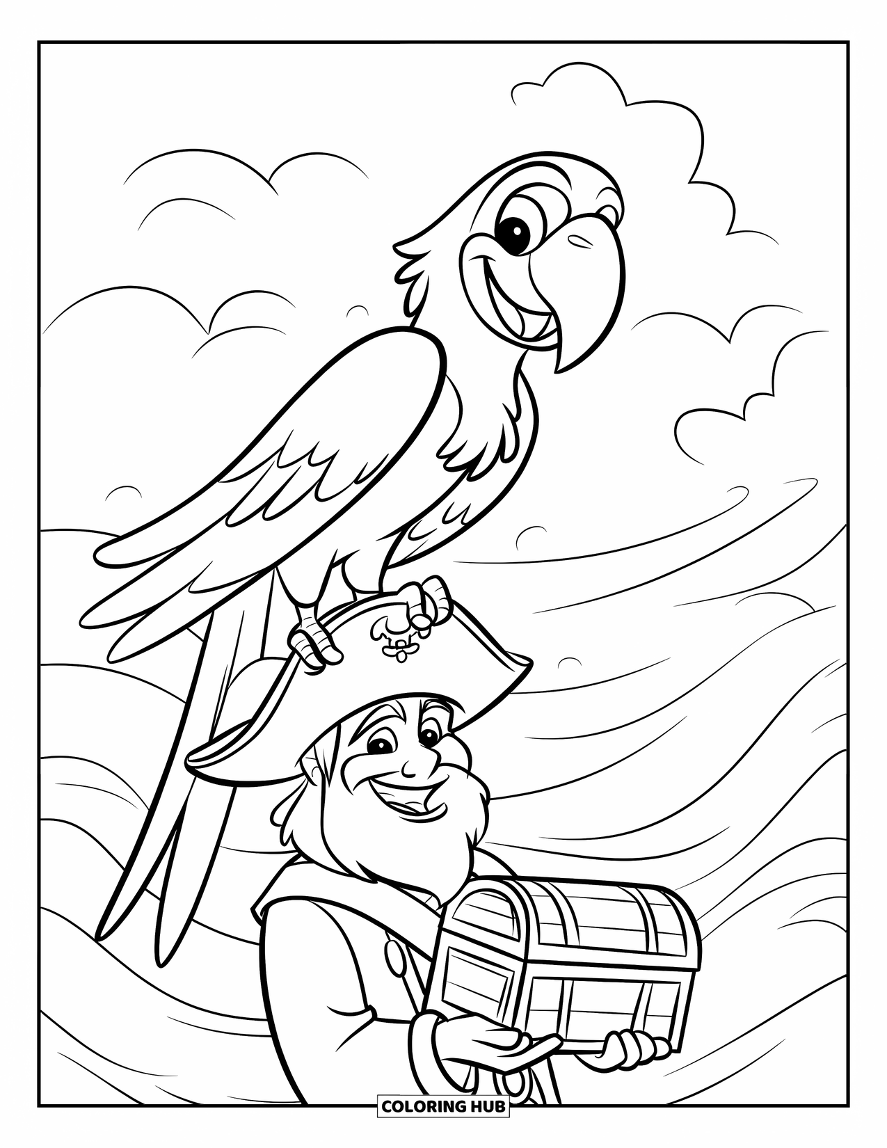Kolorowanka z piratem dla dzieci: Papuga siedzi na ramieniu pirata trzymającego skrzynię obok burzliwego morza