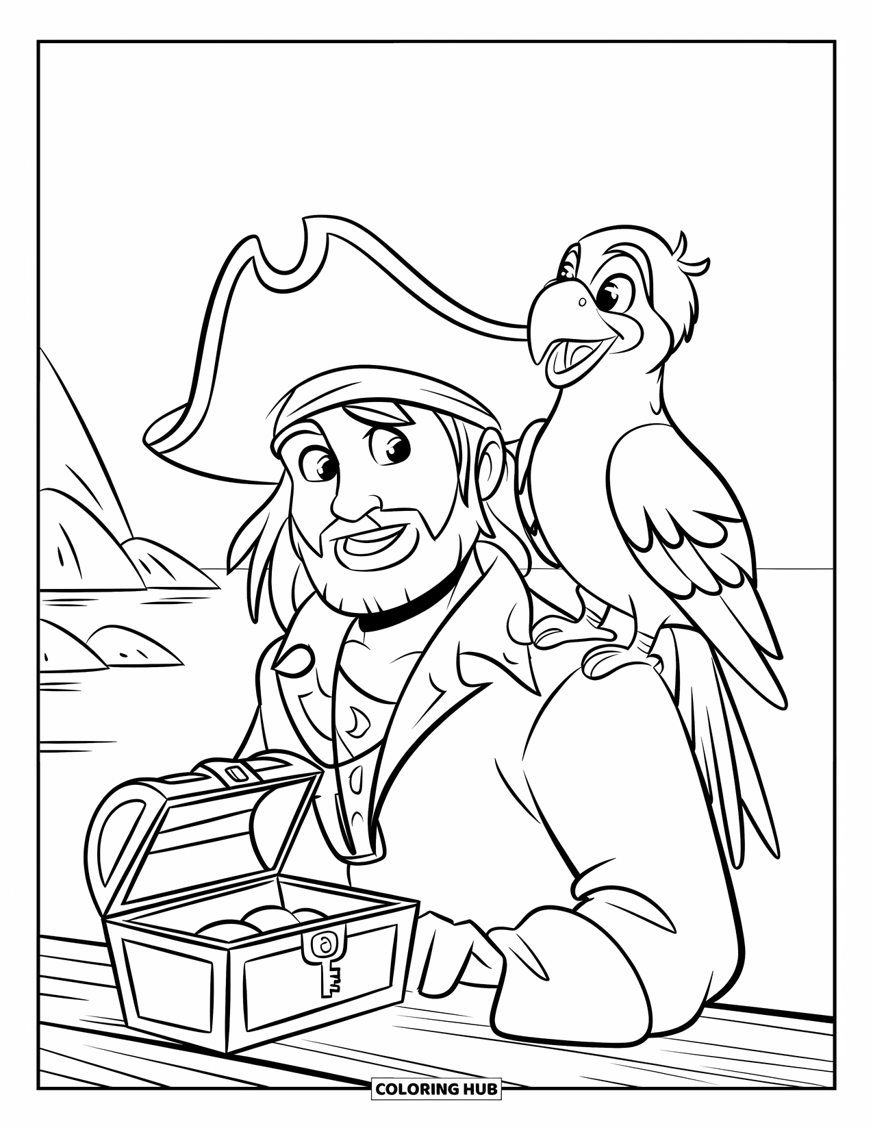 Kolorowanka z piratem dla dzieci: Papuga uśmiecha się na ramieniu pirata obok skrzyni i spokojnego morza