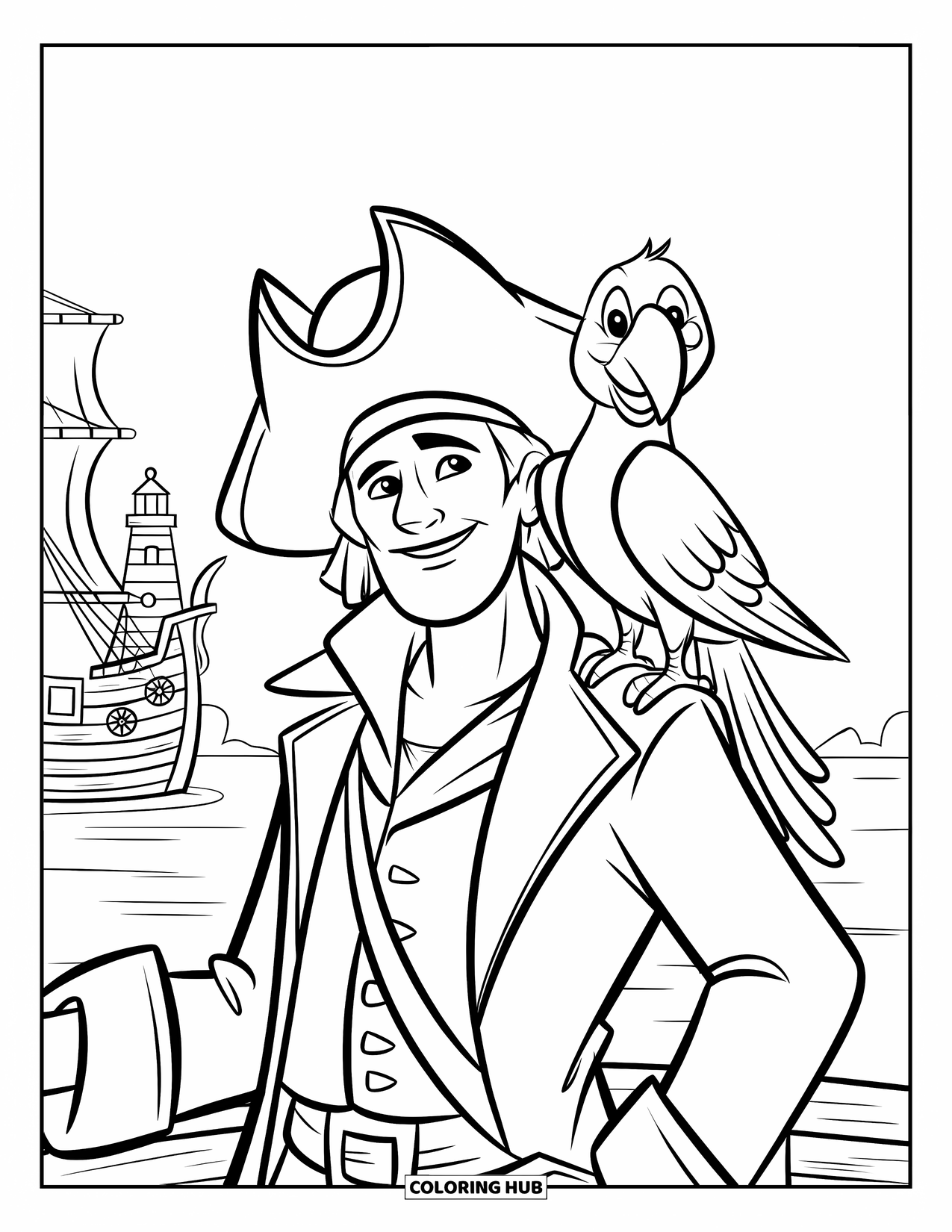 Kolorowanka z piratem dla dzieci: Papuga z niebieskimi i zielonymi piórami siedzi na ramieniu pirata