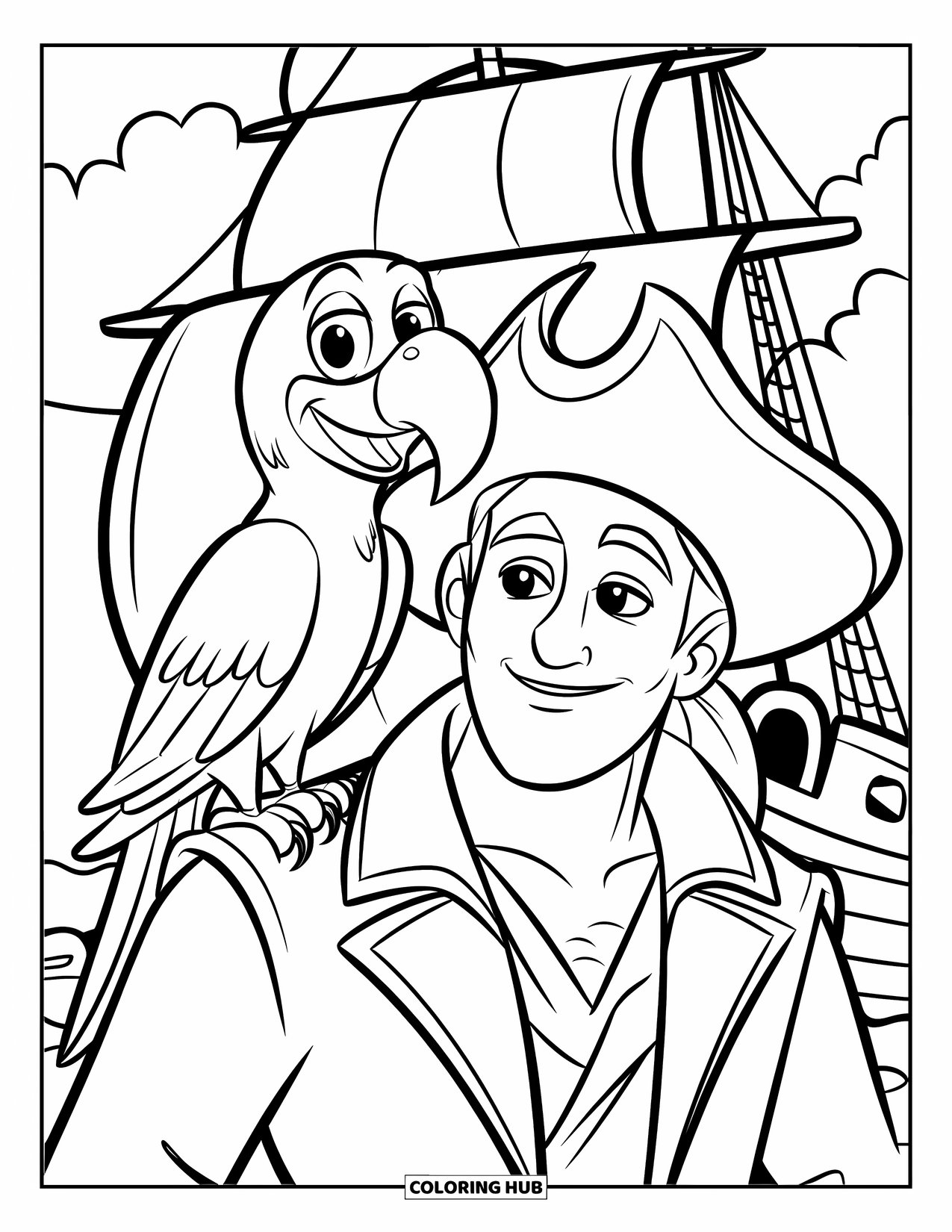 Kolorowanka z piratem dla dzieci: Papuga z błyszczącymi oczami siedzi na ramieniu pirata obok chmur i wody