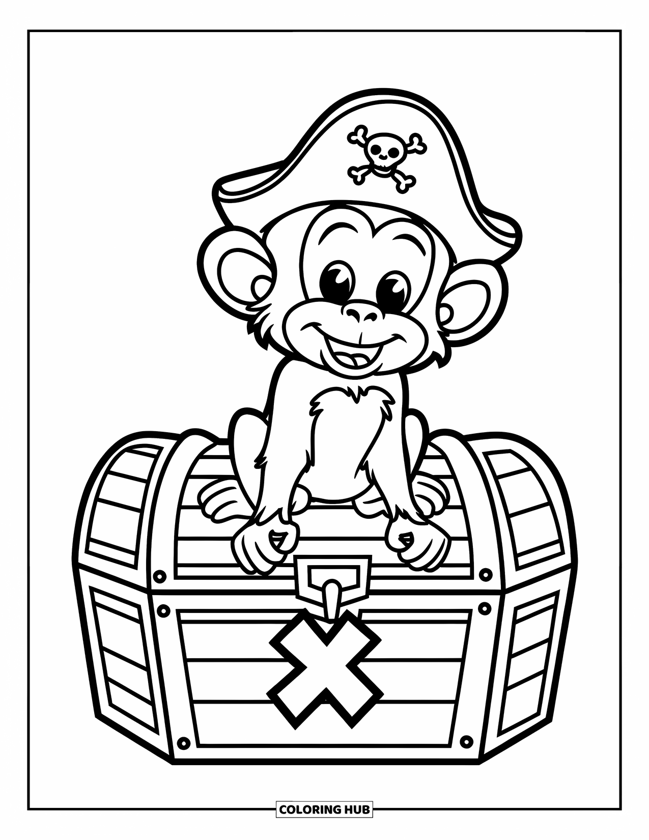 Kolorowanka z piratem dla dzieci: Małpka z pirackim kapeluszu siedzi na skrzyni skarbów
