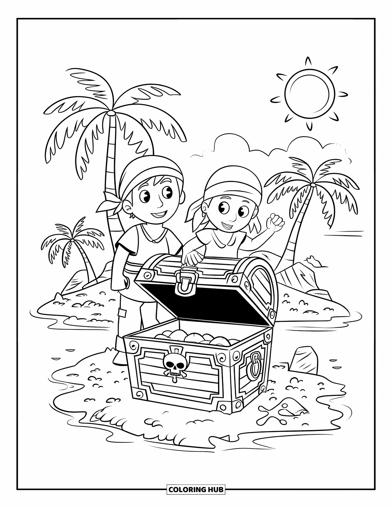 Kolorowanka z piratem dla dzieci: Pirat i piratka odkrywają skrzynię skarbów na tropikalnej wyspie