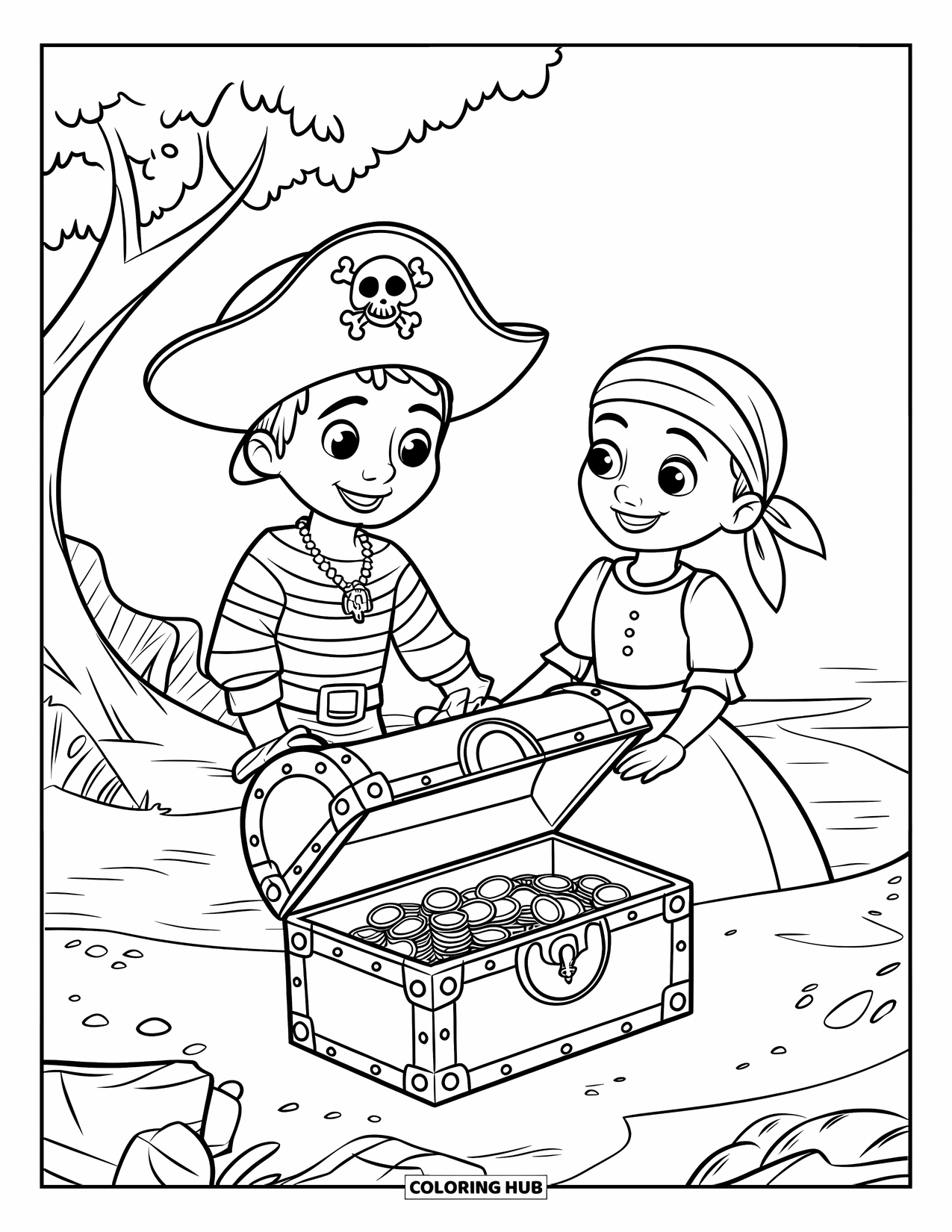 Kolorowanka z piratem dla dzieci: Pirat i piratka znajdują skrzynię skarbów na skalistej wyspie