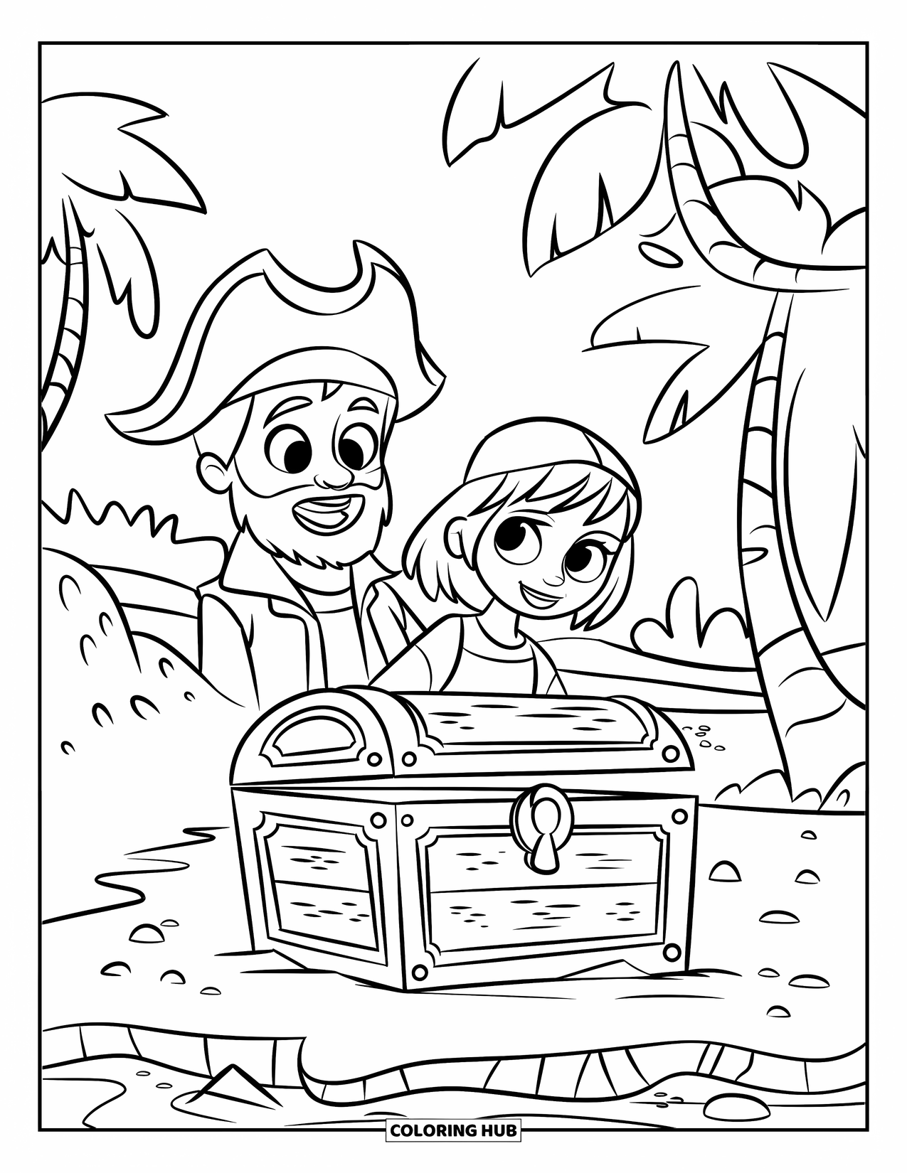 Kolorowanka z piratami dla dzieci: Piracki chłopiec i dziewczynka odkrywają ukrytą skrzynię skarbów na wyspie