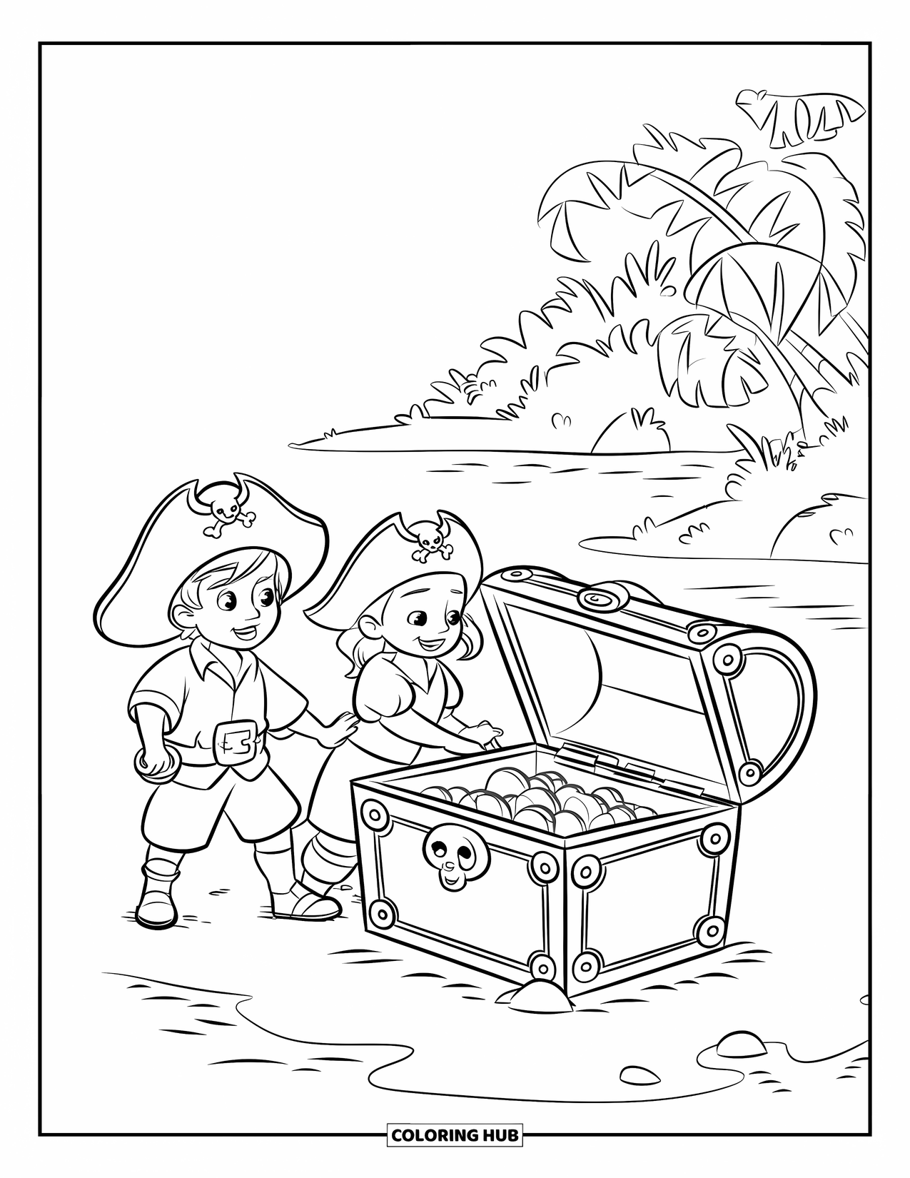 Kolorowanka z piratem dla dzieci: Pirat i piratka odkrywają skrzynię skarbów wśród drzew i skał