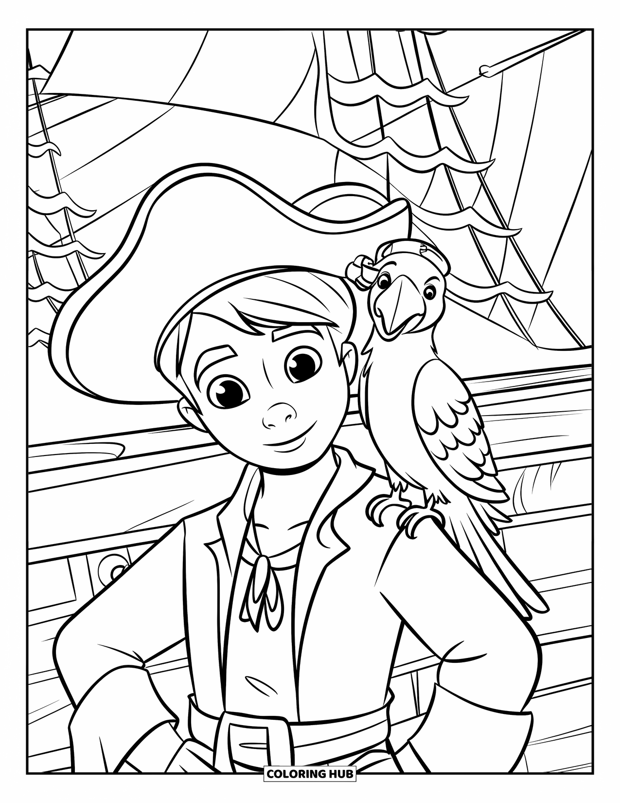 Kolorowanka z piratem dla dzieci: Pirat z papugą w kapeluszu stoi obok statku z masztami
