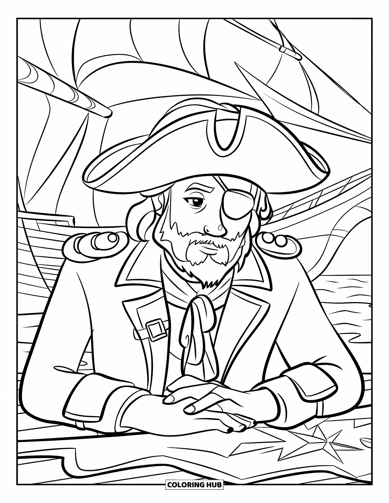 Kolorowanka z piratem dla dzieci: Kapitan piratów w kapeluszu i z brodą studiuje mapę na statku