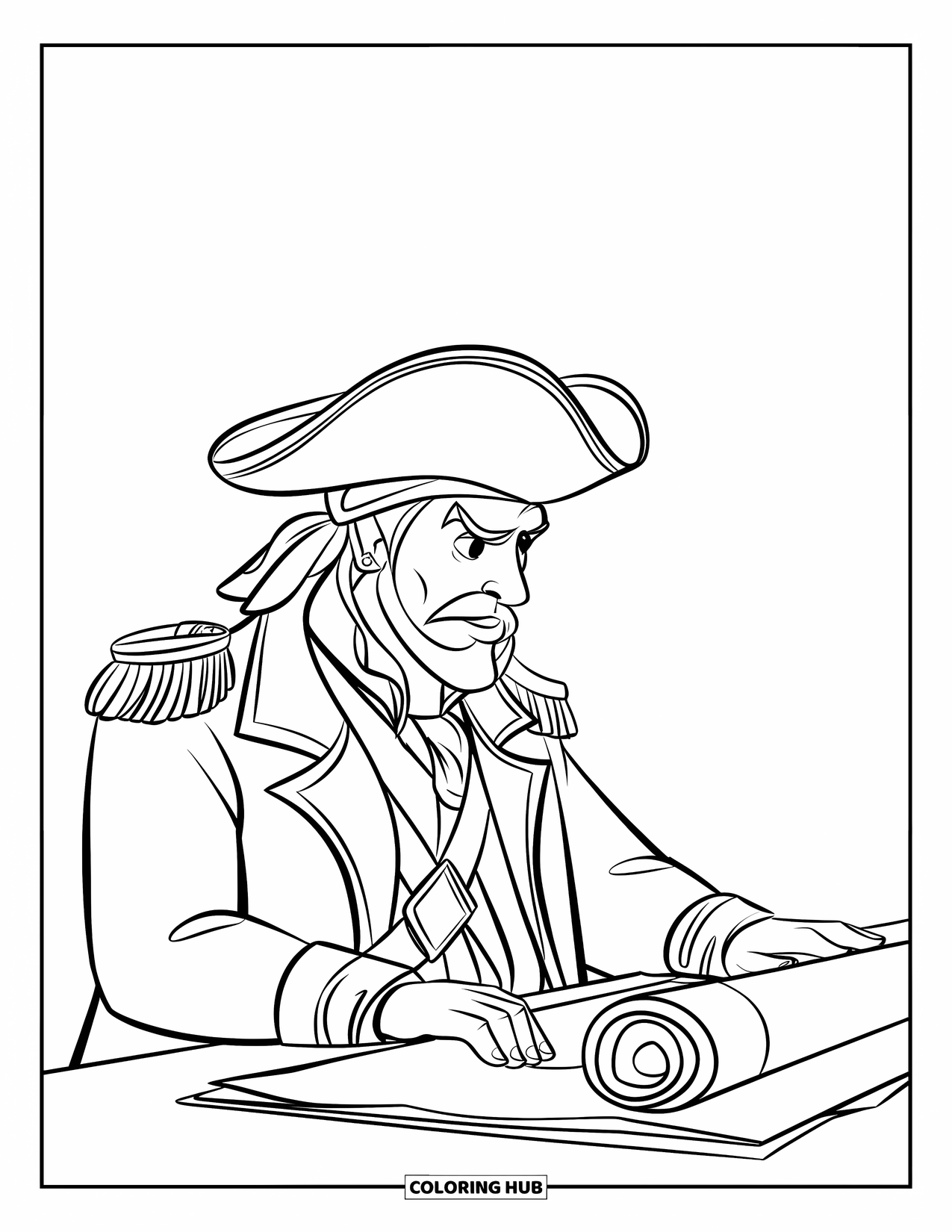 Kolorowanka z piratem dla dzieci: Kapitan piratów w trójrożnym kapeluszu ogląda zwiniętą mapę