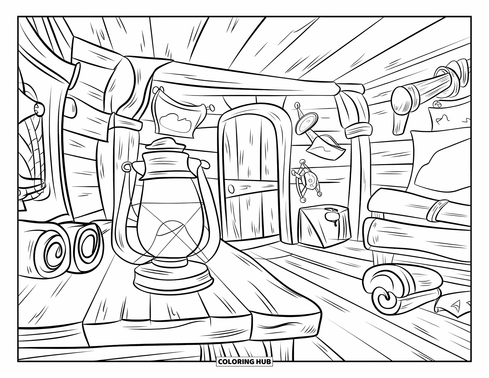 Kolorowanka z piratem dla dzieci: Kabina kapitana piratów z mapami, latarnią i drewnianymi podłogami