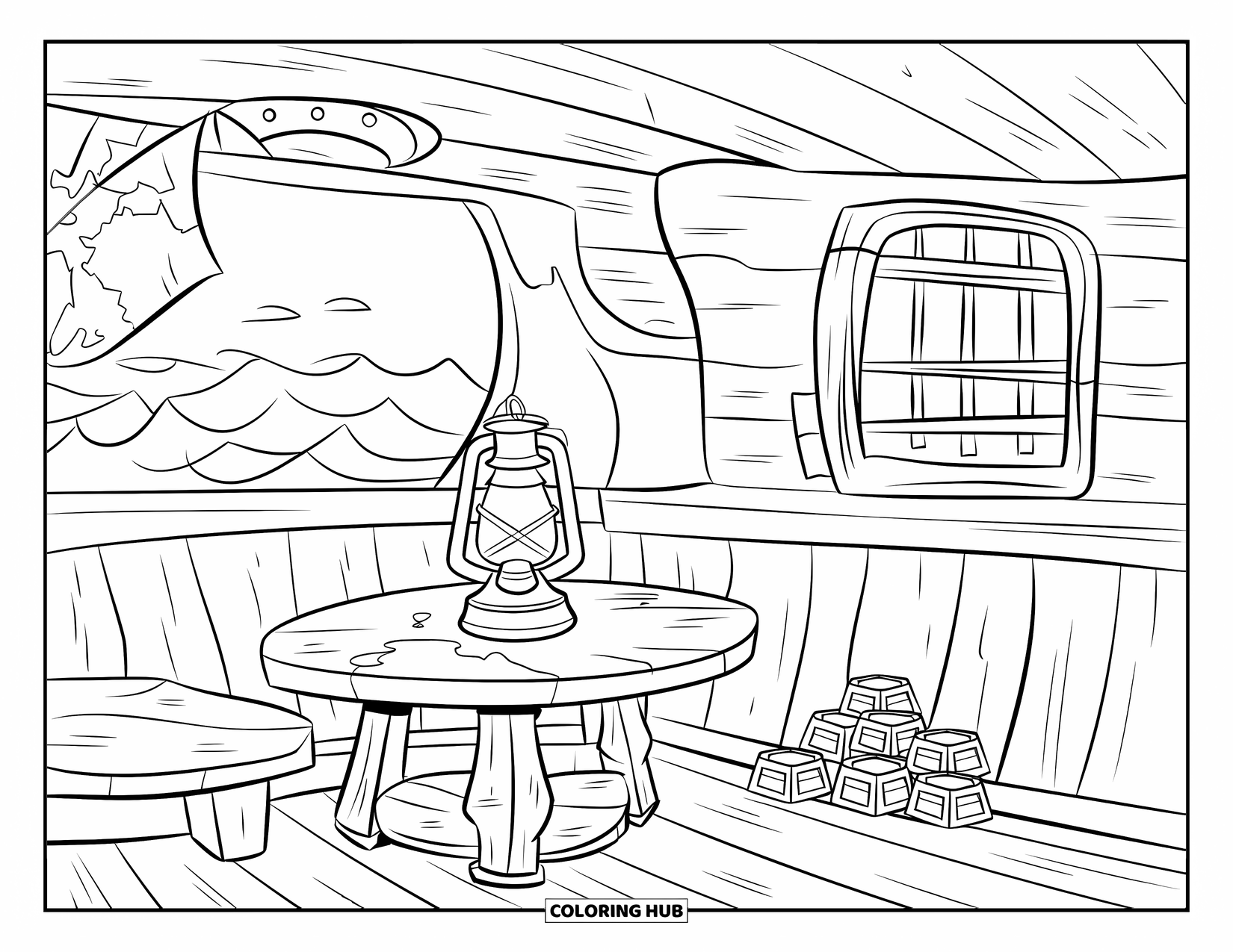 Kolorowanka z piratem dla dzieci: Kabina kapitana piratów z mapami, skarbami i świecącą latarnią