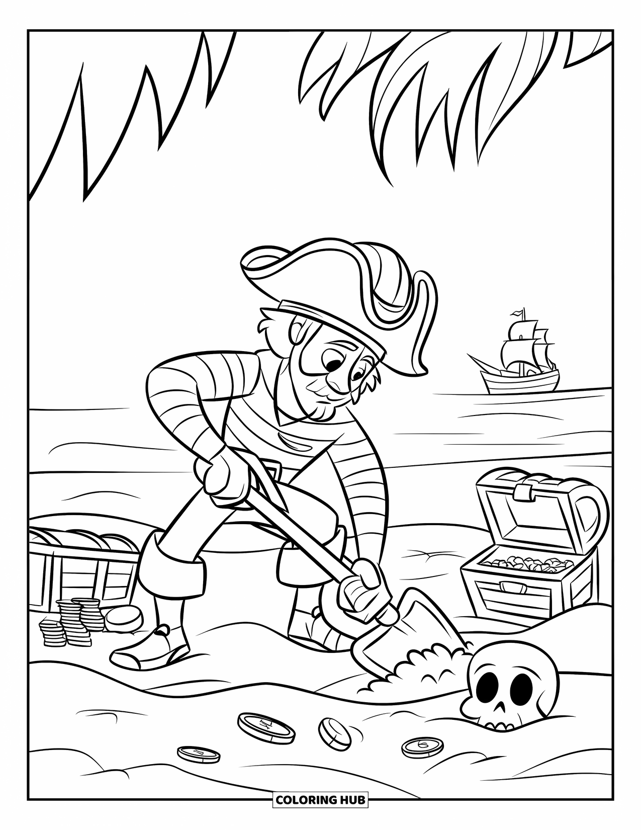 Kolorowanka z piratami dla dzieci: Pirat kopie w poszukiwaniu skarbu na piaszczystej plaży ze skrzyniami i złotem