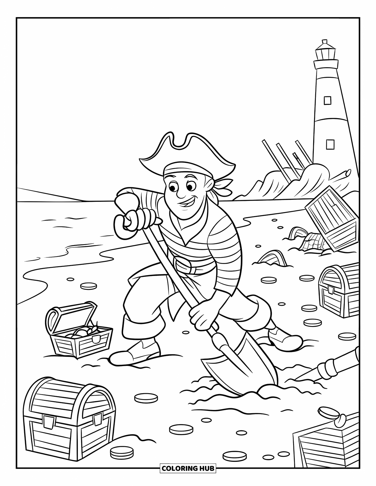 Kolorowanka z piratem dla dzieci: Pirat kopie na plaży ze skrzyniami skarbów i latarnią morską w pobliżu