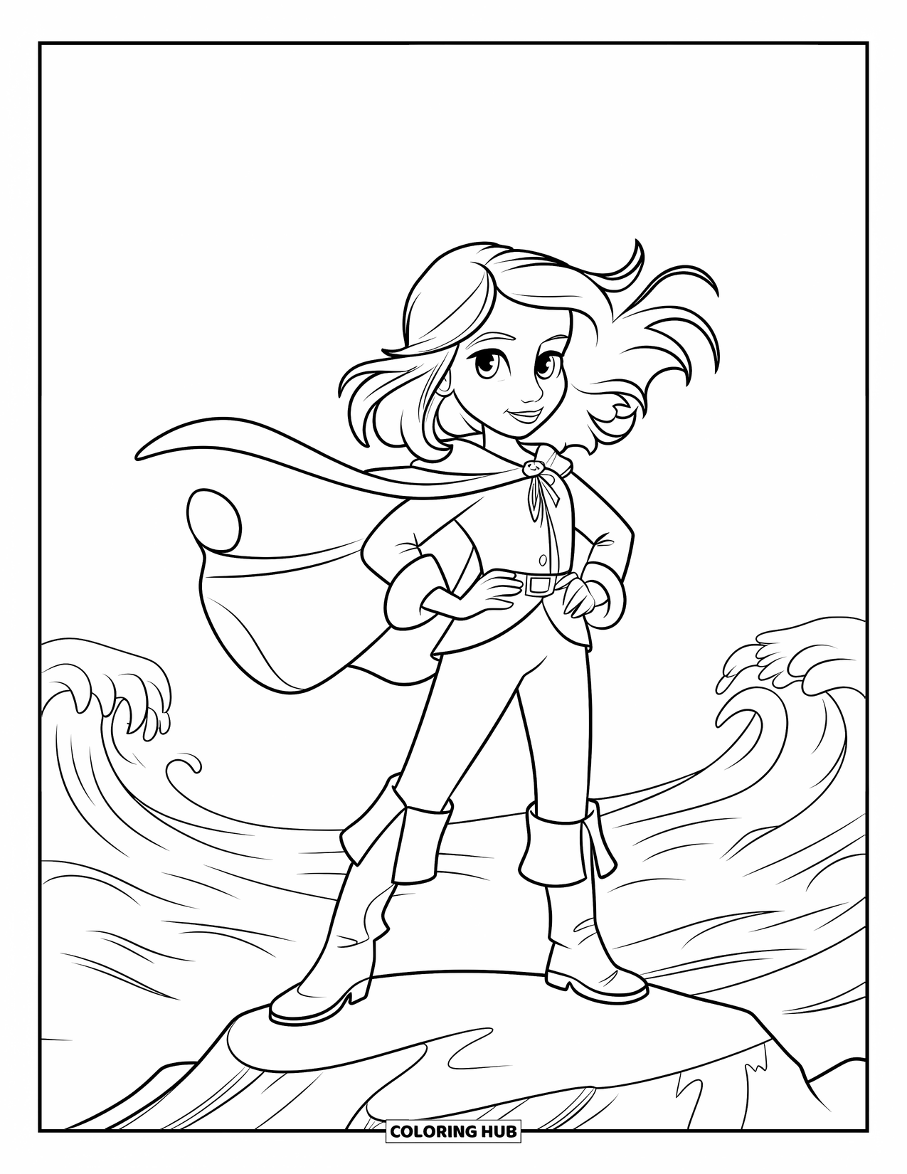 Kolorowanka z piratami dla dzieci: Piratka stoi na skale, a wiatr rozwiewa jej włosy i pelerynę