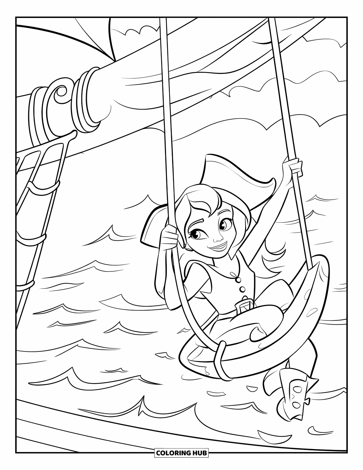 Kolorowanka z piratem dla dzieci: Piratka huśta się na linie z szerokim uśmiechem nad oceanem