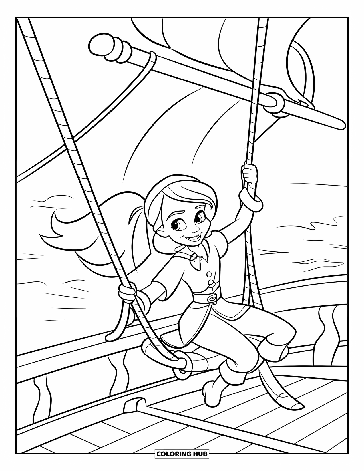 Kolorowanka z piratem dla dzieci: Piratka huśta się z masztu statku z szerokim uśmiechem