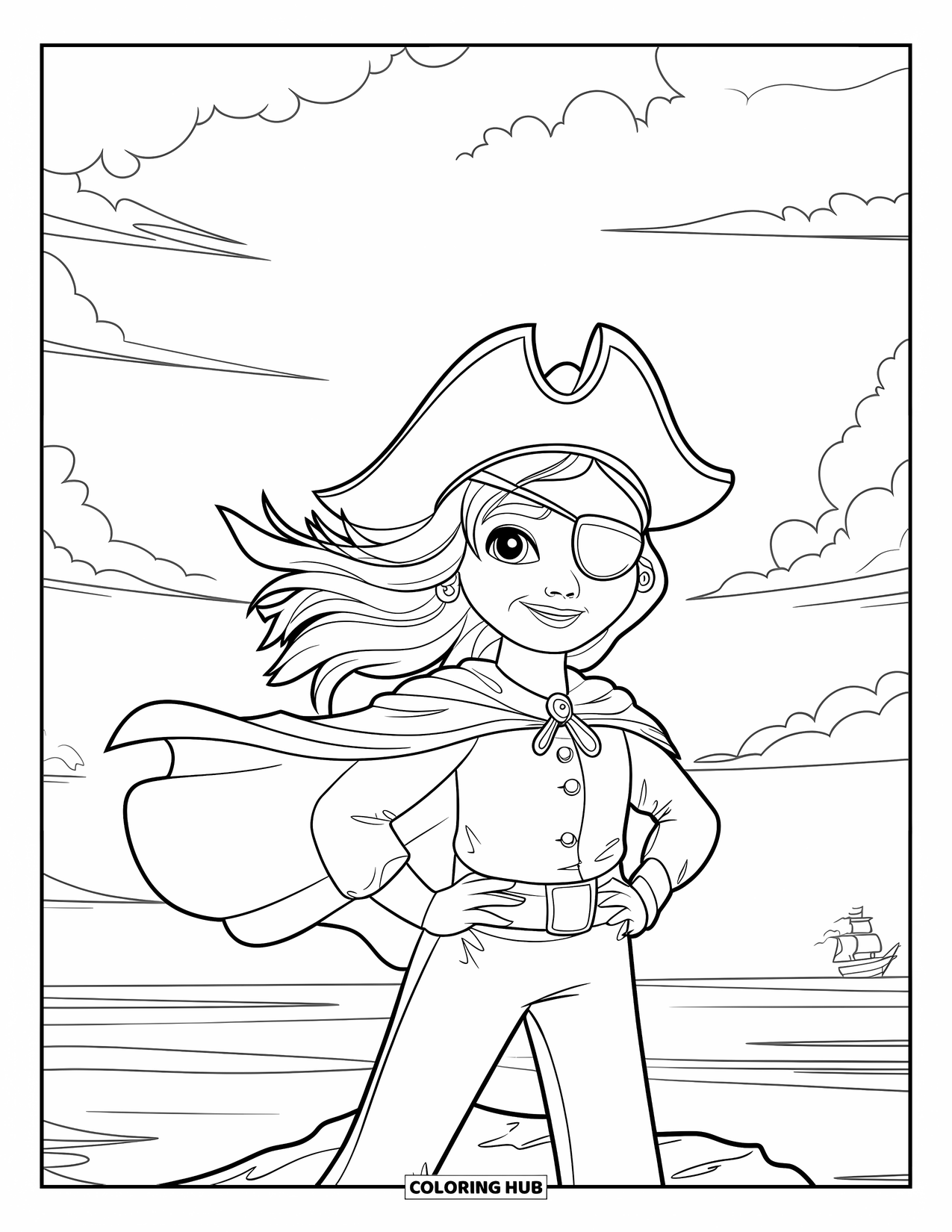 Kolorowanka z piratem dla dzieci: Piratka w kapeluszu i przepasce na oku stoi na skale z falami