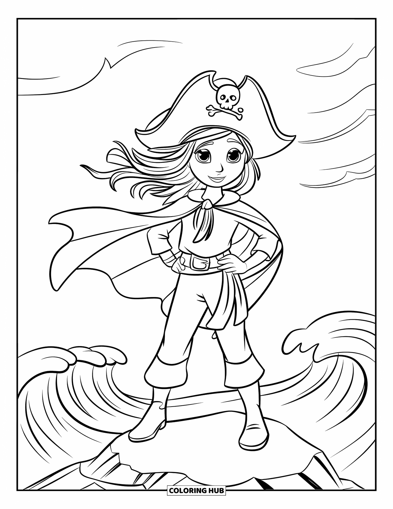 Kolorowanka z piratem dla dzieci: Piratka w kapeluszu i szarfie stoi na skale obok morza