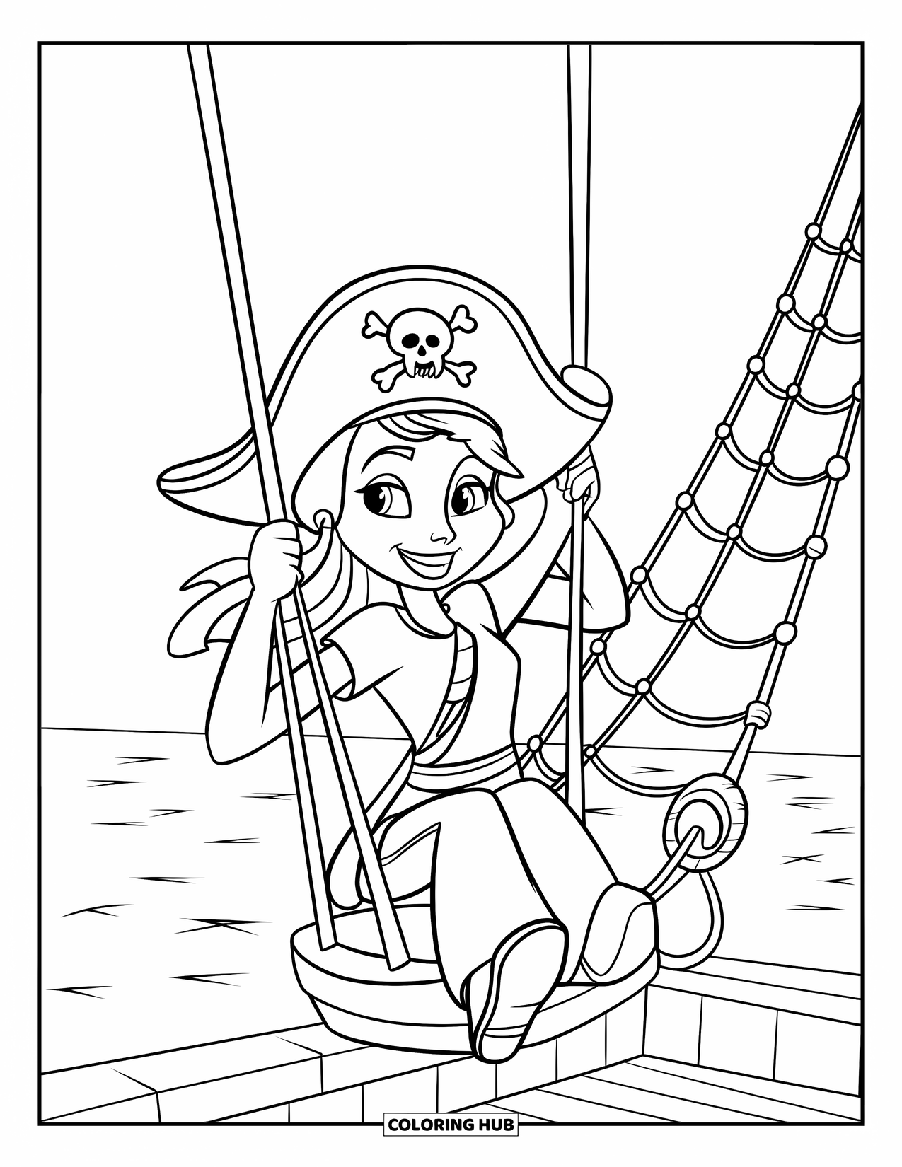 Kolorowanka z piratem dla dzieci: Piratka w kapeluszu huśta się na linie nad oceanem
