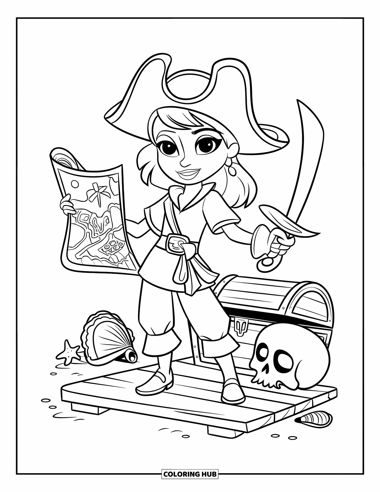 Kolorowanka z piratem dla dzieci: Piratka z mapą i mieczem stoi na desce obok skarbu