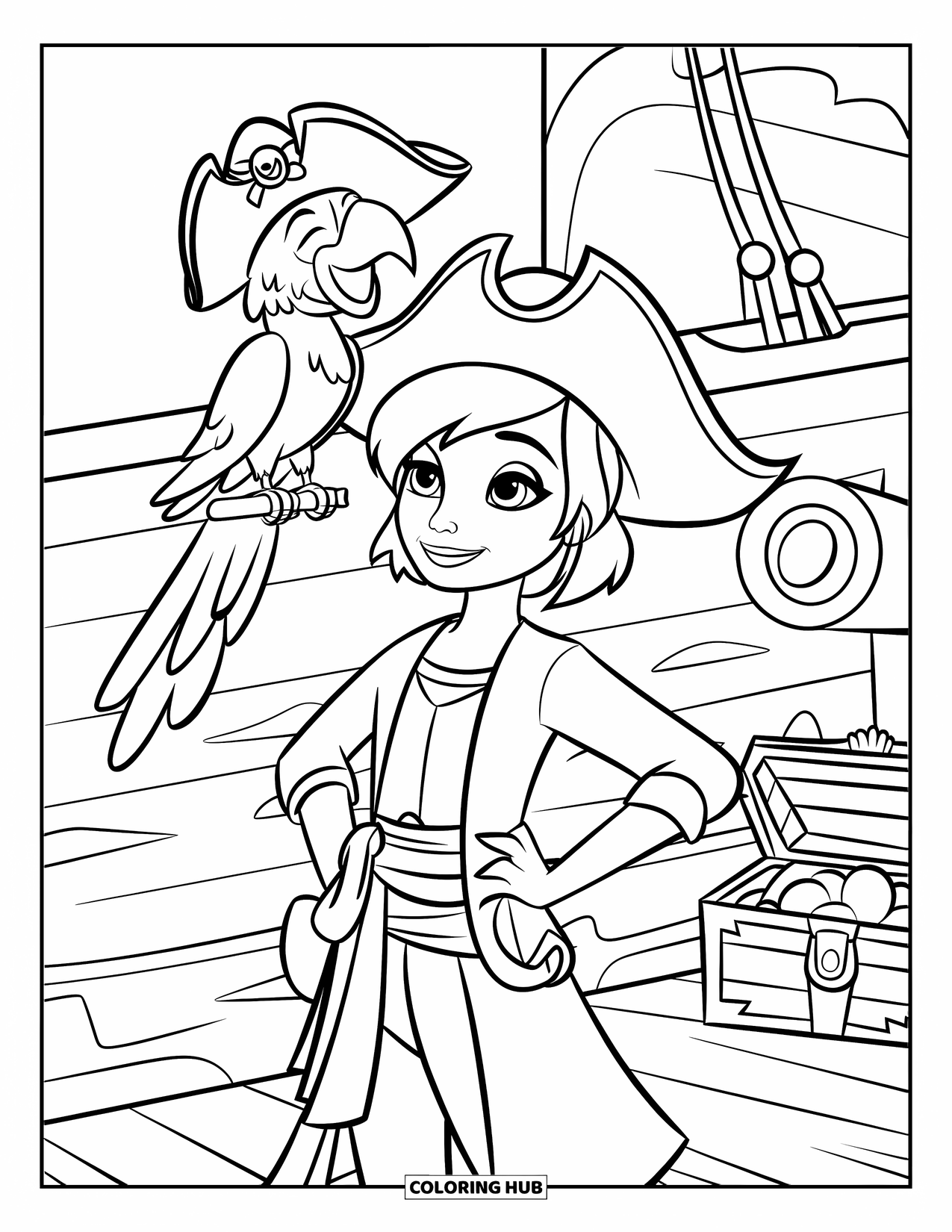 Kolorowanka z piratem dla dzieci: Piratka z papugą na desce, otoczona statkiem i skarbem